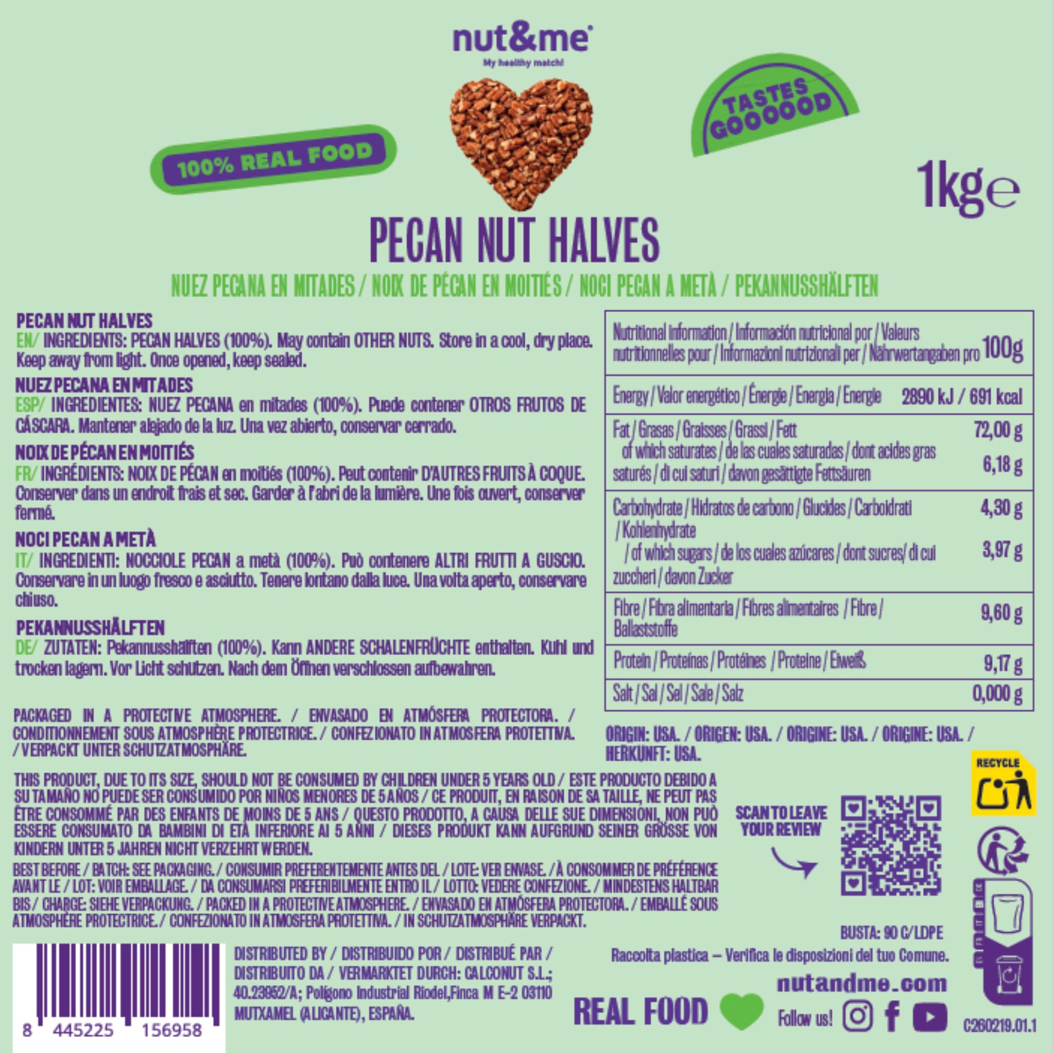 nut&me Noix de pécan naturelles Junior Mammoth 1 kg | Variété Fancy, Idéales pour pâtisserie, yaourt, granola, salades et recettes sucrées, Sans coque, gluten ni additifs