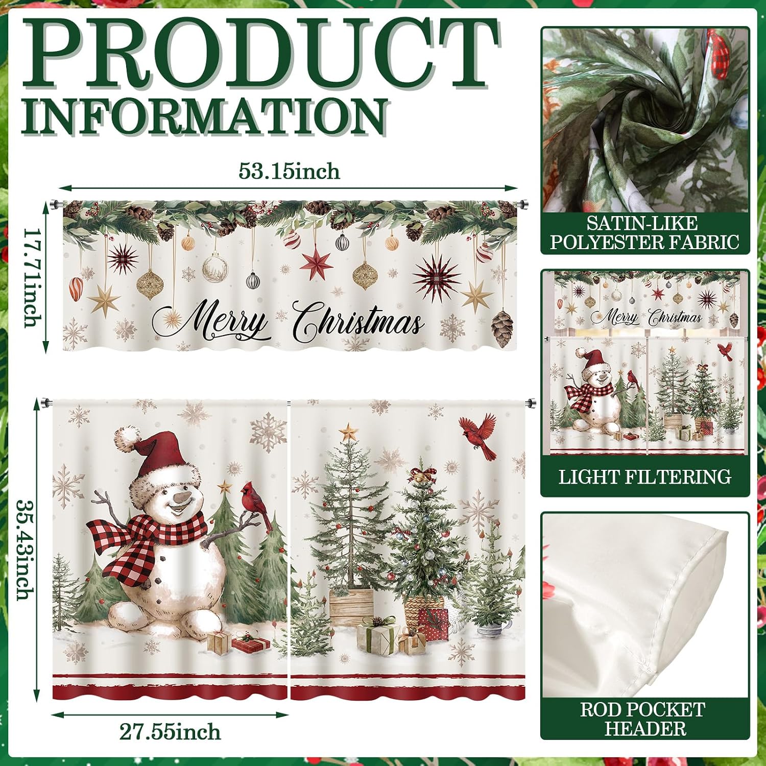 HunnmingRe 3 Pcs Christmas Kitchen Curtain Set, Red Plaid Snowman