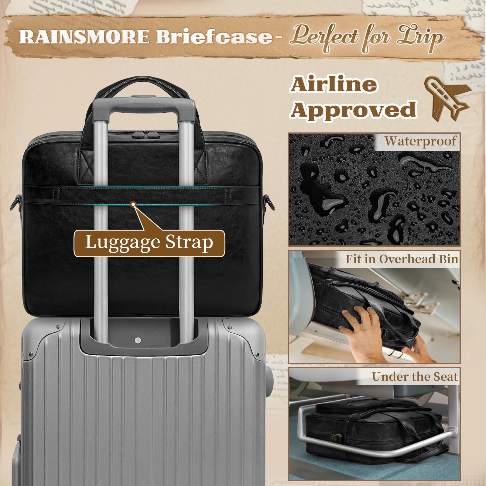RAINSMORE Sacoche Homme Bandouliere 15.6 Pouces Cuir PU Imperméable Cartable Homme Sac Bandoulière Ordinateur pour Travail Affaires Collège