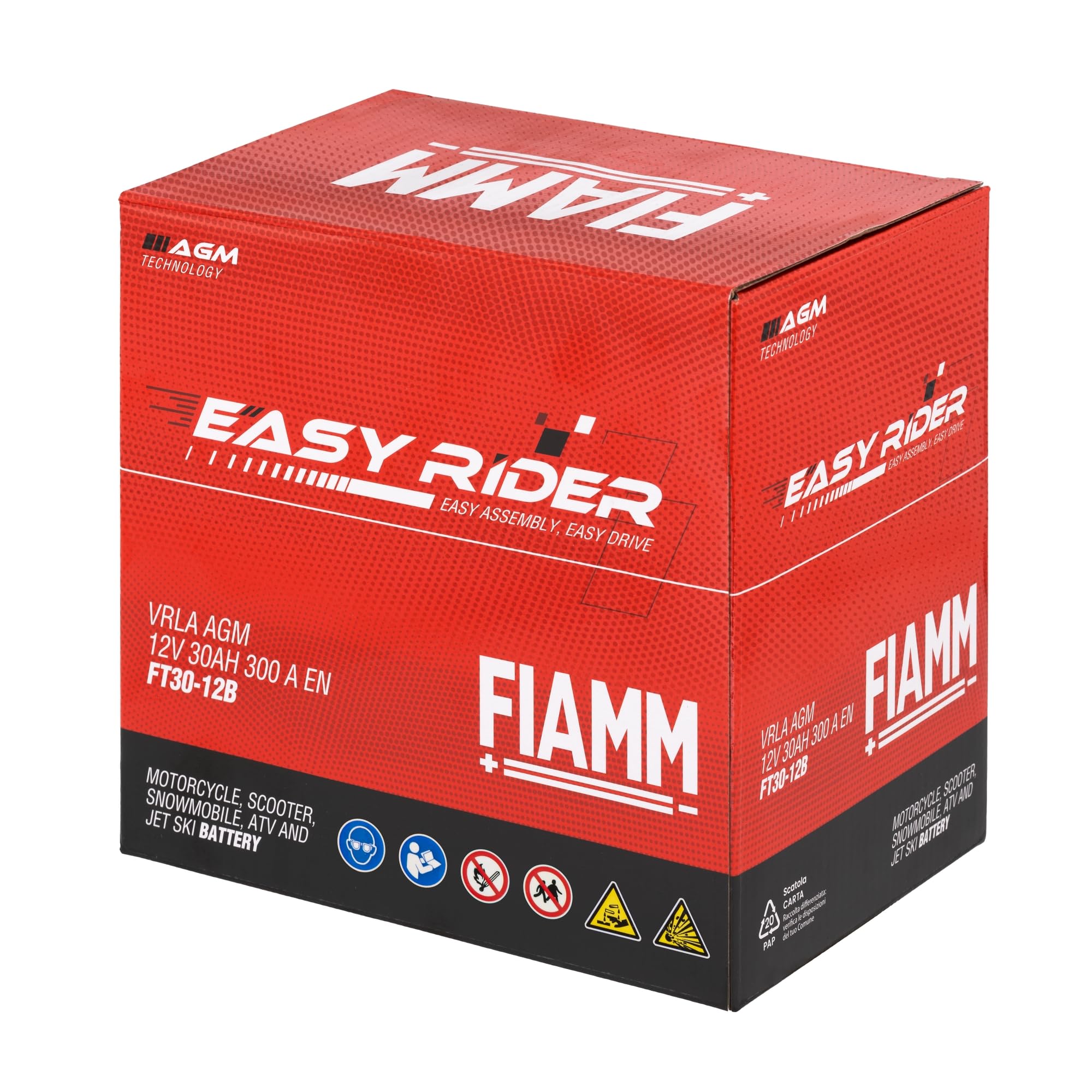 Fiamm Batteria per Moto e Scooter FT30-12B 30AH 300A, Batteria Easy Rider AGM Technology, Massima Potenza di Avvio, Senza Manutenzione, Già Carica, Pronta all'Uso, Adatta a Scooter, Moto, Moto d'acqua