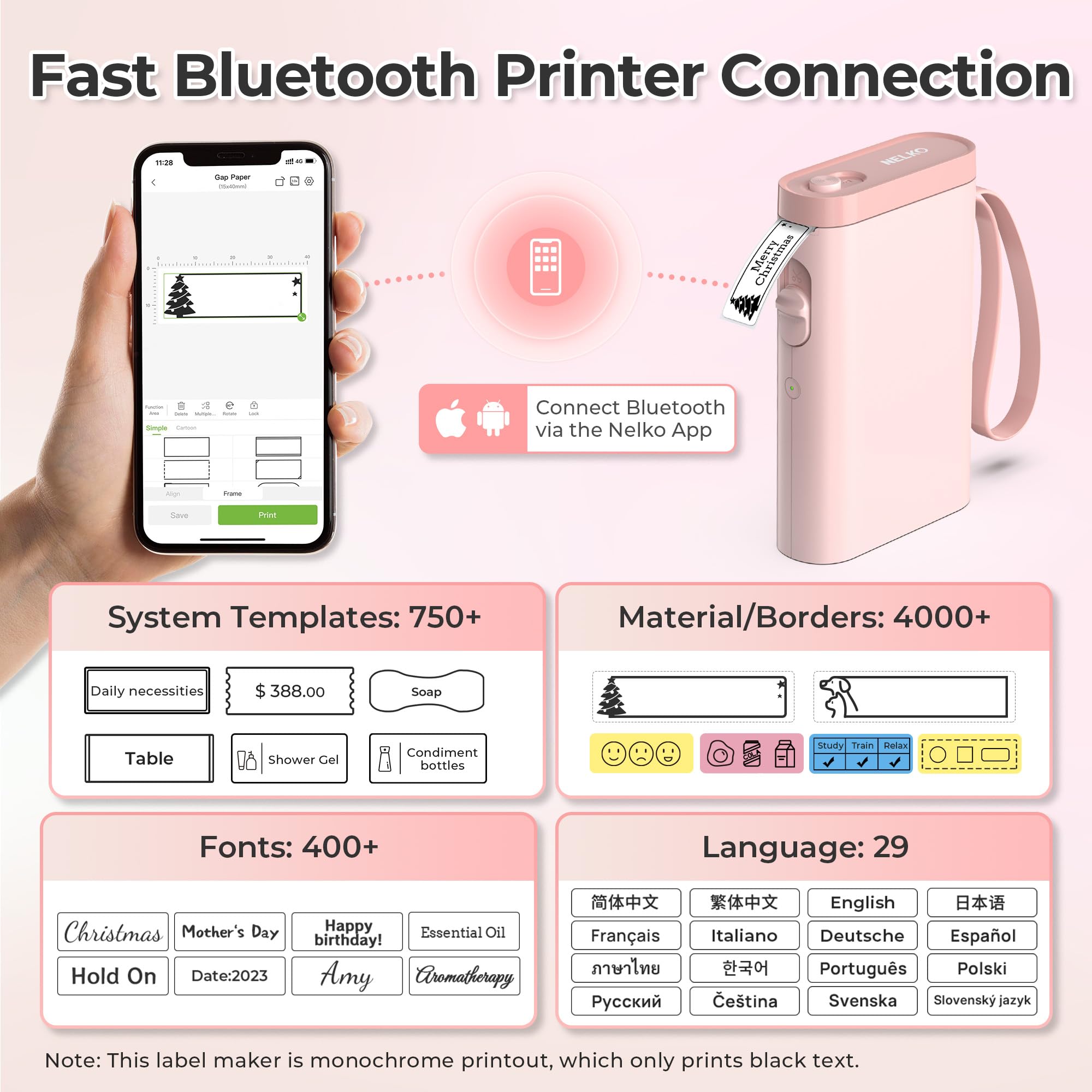 Nelko P21 Label Maker Machine with Tape, Bluetooth Label Printer, Pink view 2