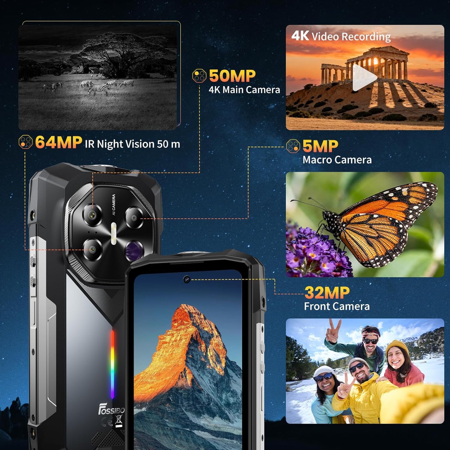 FOSSiBOT F113 20000mAh/33W 5G Outdoor Handy, MediaTek Dimensity 7050+36GB+256GB/2TB Outdoor Handy Ohne Vertrag, 6,78" FHD+ 120 Hz Gorilla-Glas Android 15, 50 m Reichweite 64 MP Nachtkamera