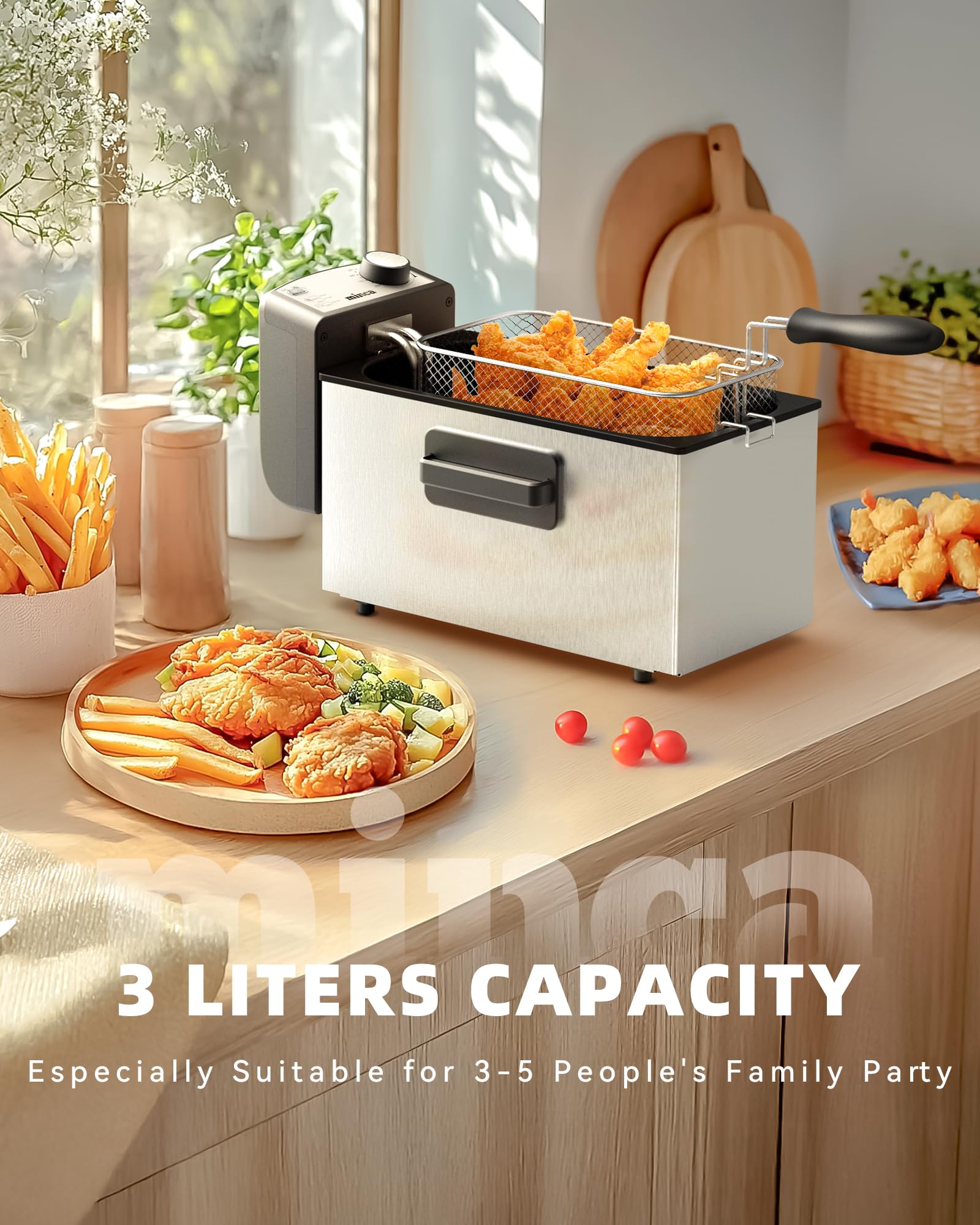 minca 1500W Electric Deep Fryer, 3 Liter Immersion Frying Basket with Heat-insulated Foldable Handle, Removable Lid with Odor Filter and Viewing Window, Adjustable Temperature, Stainless Steel