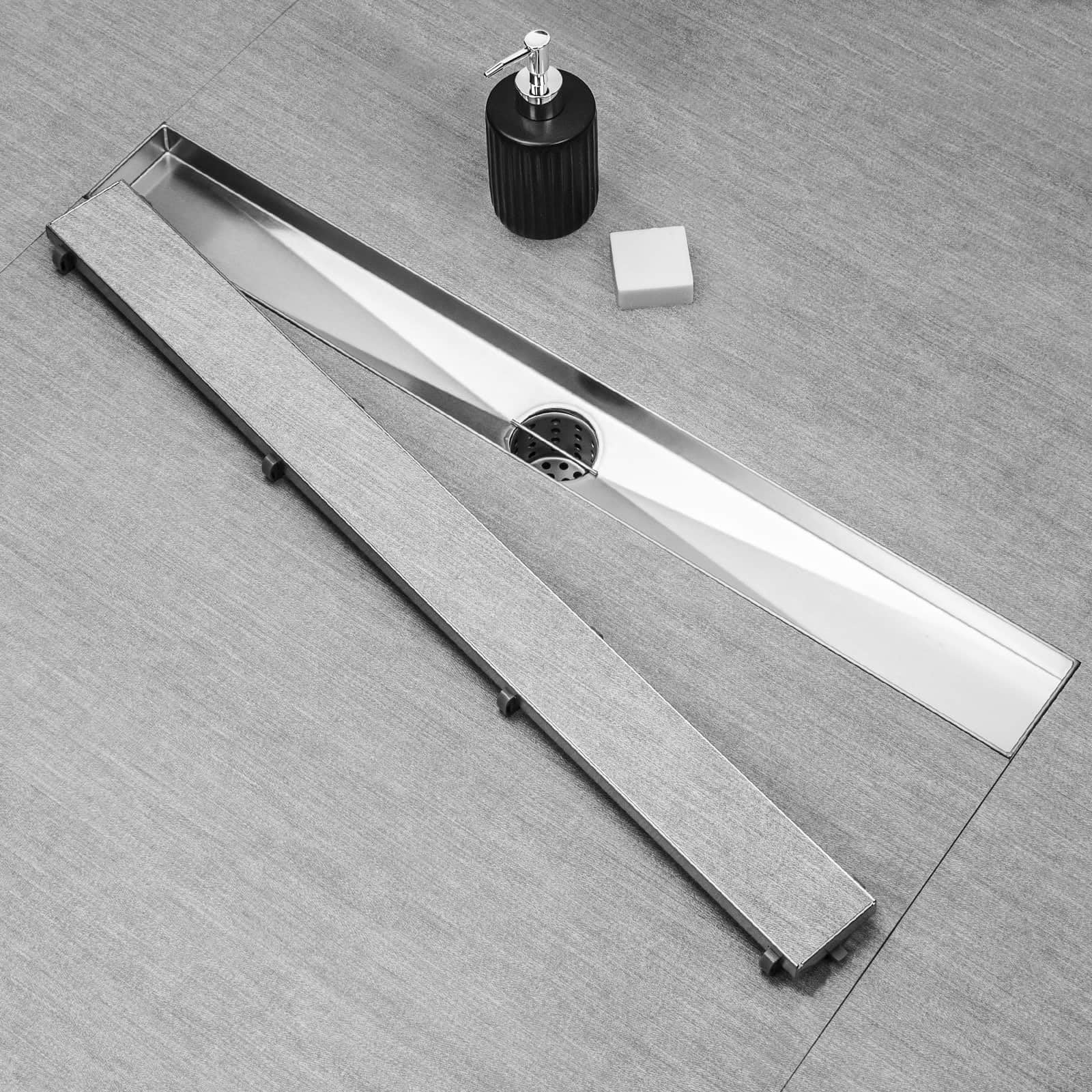 SaniteModar Desagüe de ducha lineal cepillado de 61 cm con rejilla de inserción de azulejos | AISI 304 - Drenaje de suelo de ducha rectangular de acero inoxidable cepillado con aleteo de pelo y patas ajustables