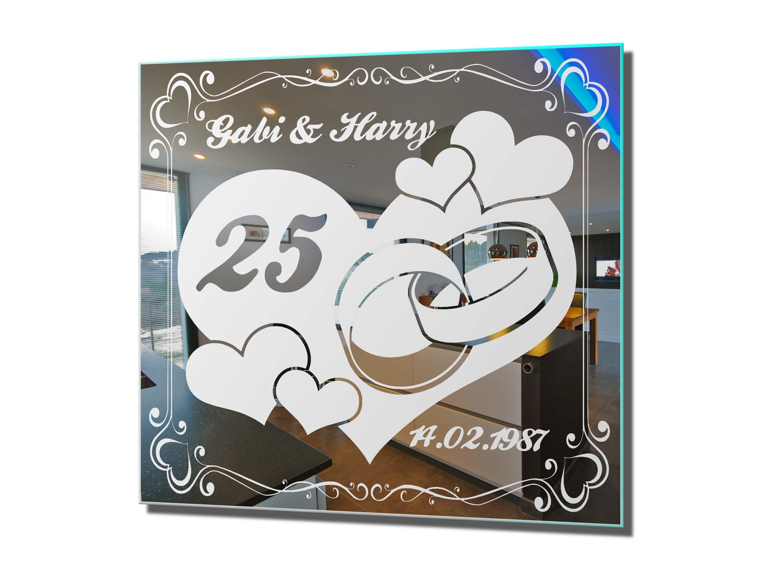 Spiegel mit Gravur zur Silbernen Hochzeit 1 ★ Wandbild ★ Hochzeitstag ★ Ehe ★ Hochzeitsgeschenk ★ 25 Jahre ★ personalisiert