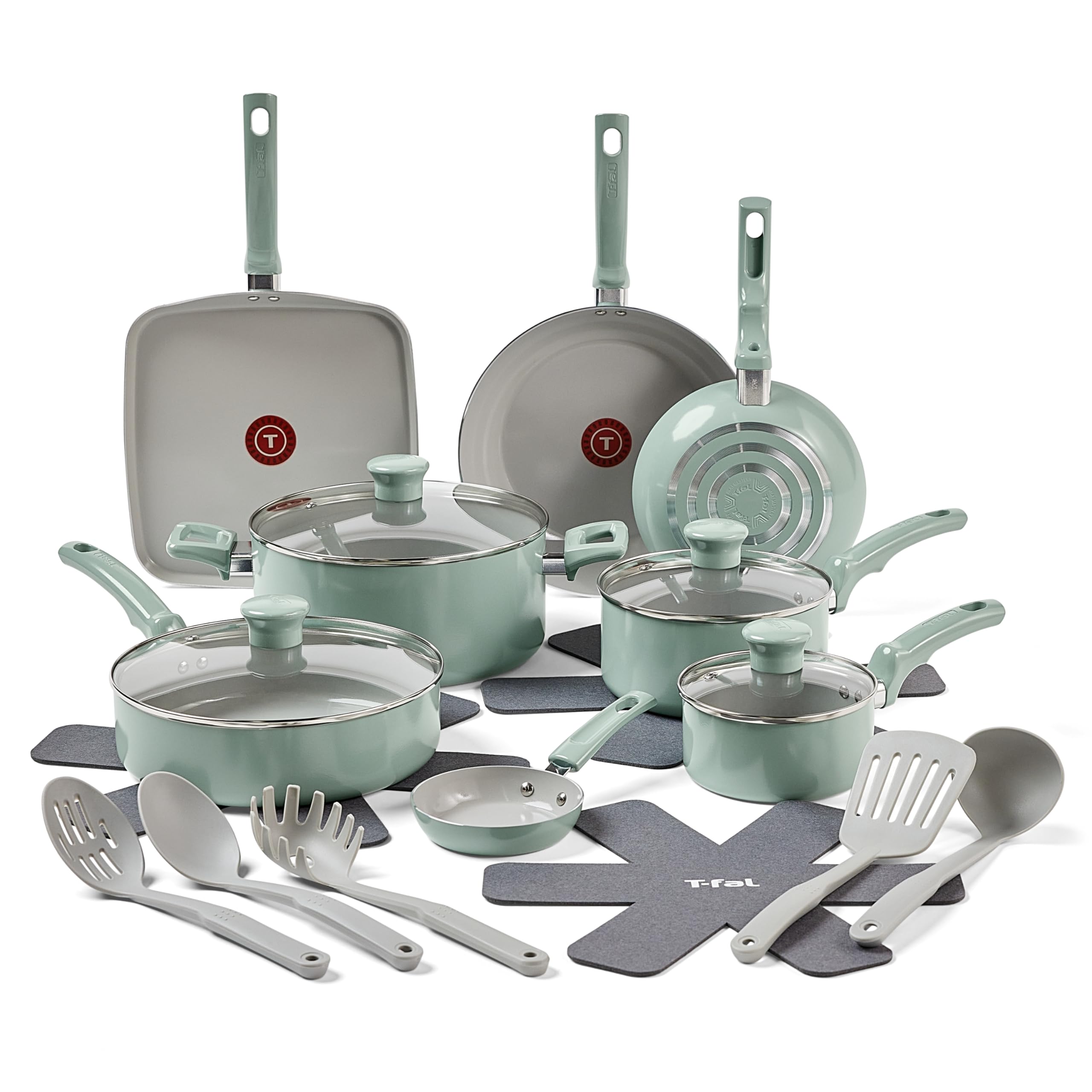 T-Fal Refresh Ceramic Nonstick Cookware Set, 20-Piece, Oven Safe to 350°F, Stockpot, Ceramic Pots and Pans Set, Frying Pans, Griddle, Utensils, Mint Green