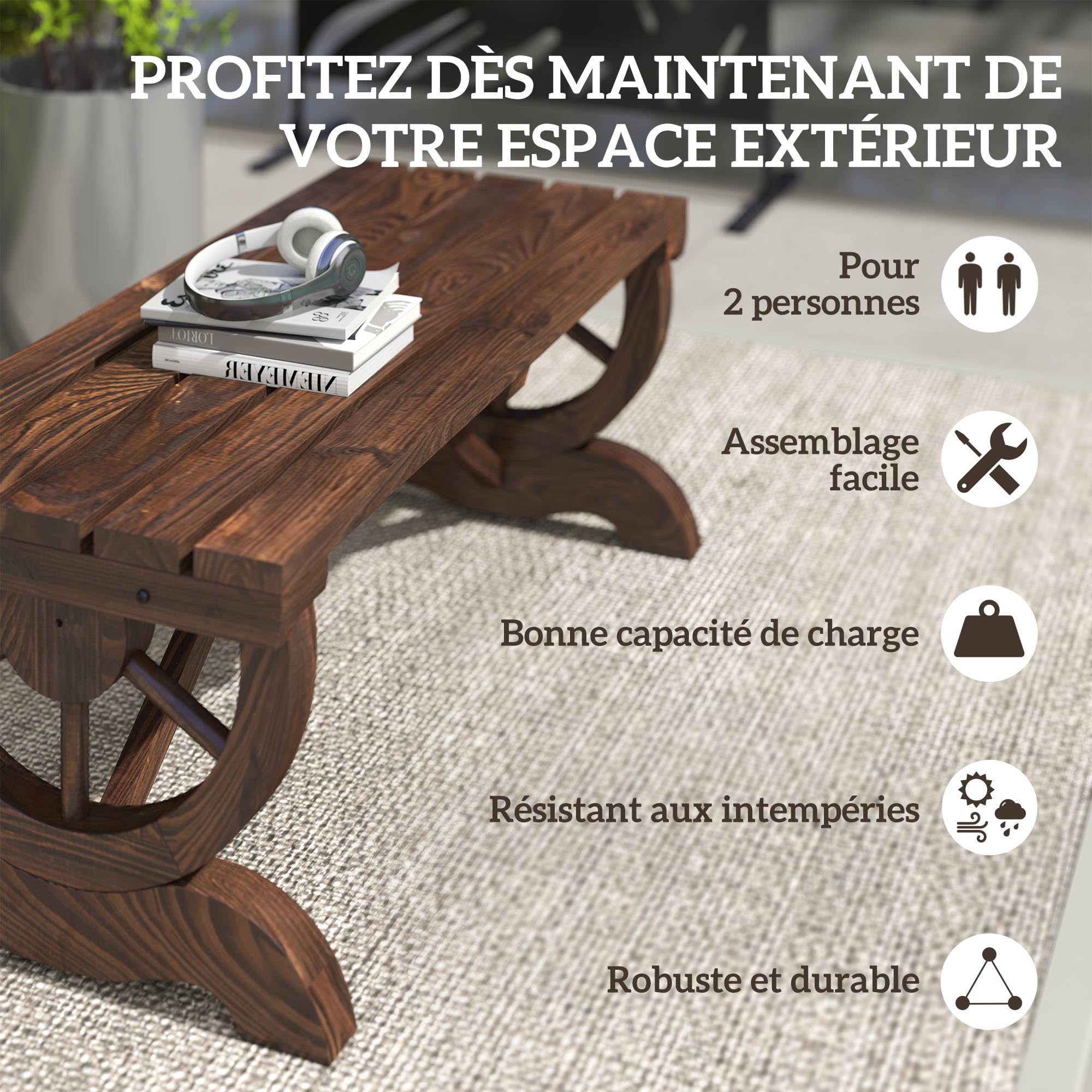 Outsunny Banc de Jardin Banc en Bois avec siège à Lattes, Roue décorative, Banquette de Jardin 2 Places Structure renforcée Stable, pour extérieur Patio terrasse Balcon arrière-Cour, Marron