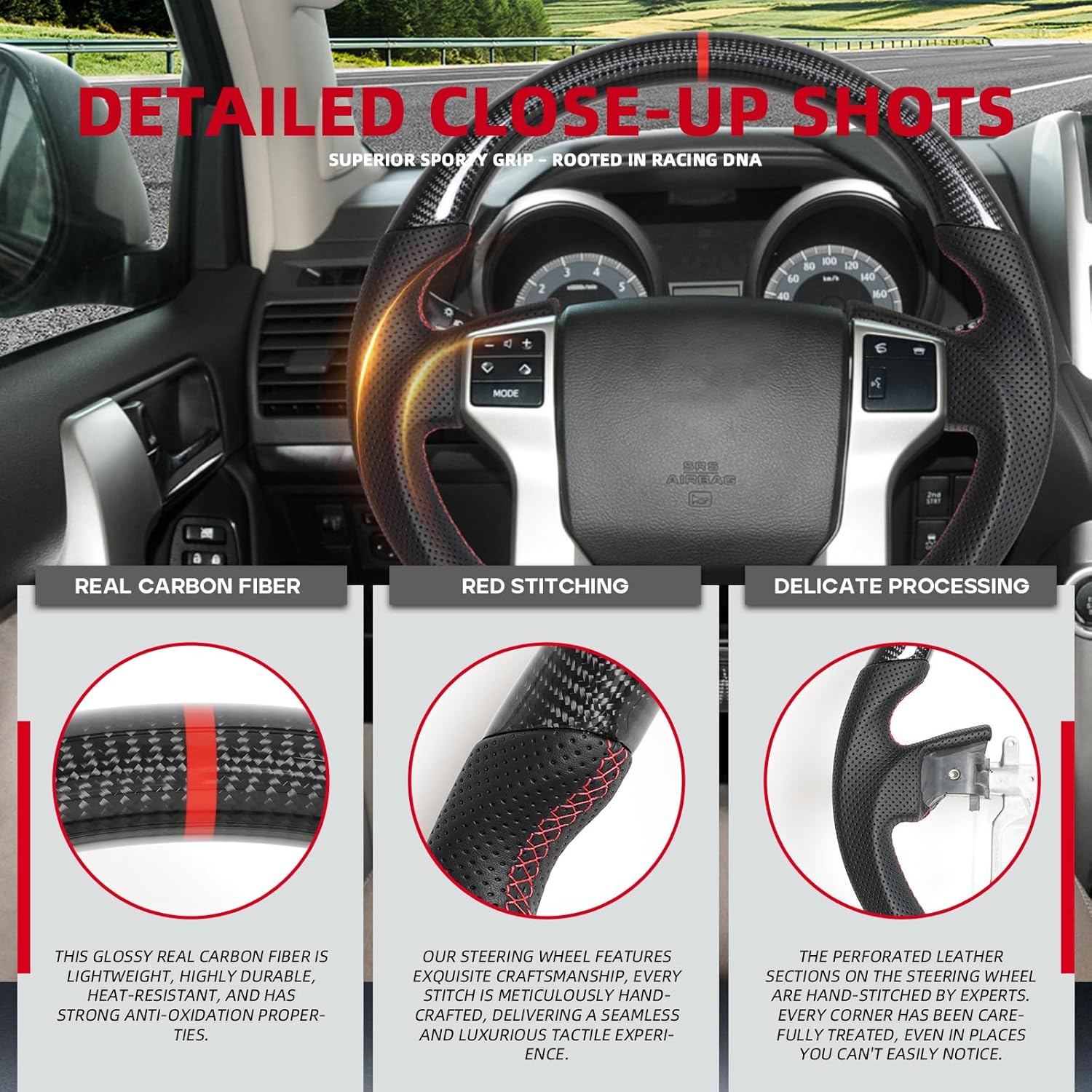 Carbon Fiber Steering Wheel – Flat Bottom Design for Toyota Prado LC150 2010-2017/Tundra 2014-2021/Tacoma 2010-2023/4Runner 2010-2024 – Ergonomic Grip with Red Center Mark