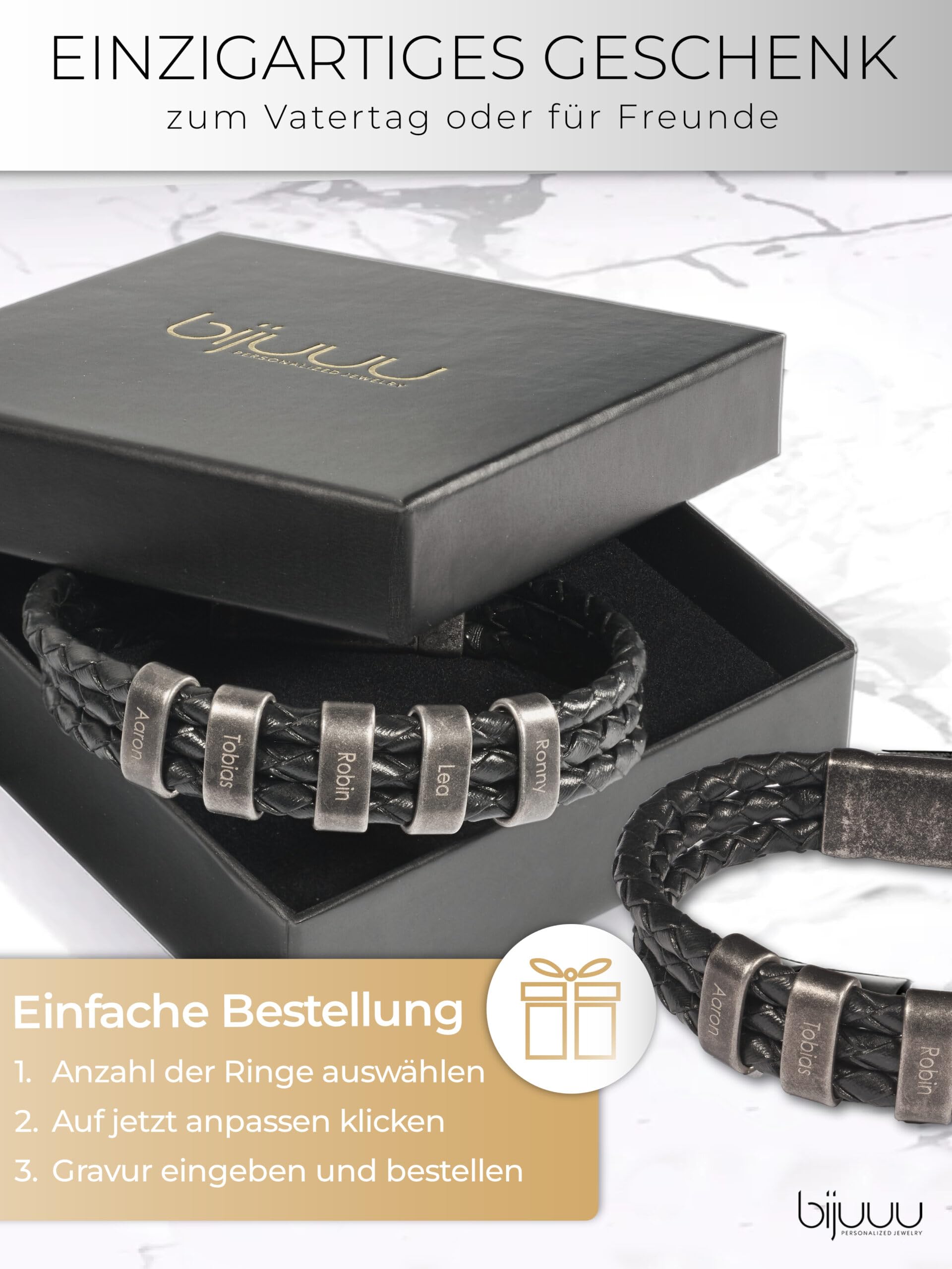 bijuuu Geflochtenes Lederarmband Herren – Echtleder Armband mit Namen – Flechtarmband aus Leder inklusive Gravur – Namensarmband personalisiert aus Rindsleder