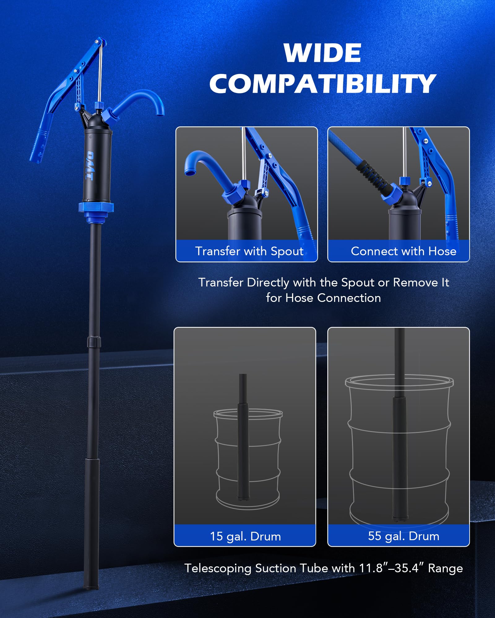 Orion Motor Tech 55 Gallon Drum Pump, Fits 5 to 55 Gallon Drums & Barrels, Lever Action Barrel Pump with 3 Section Suction Tube for Transfer of Chemicals, Acidic Solutions, Fuels, Water Based Fluids