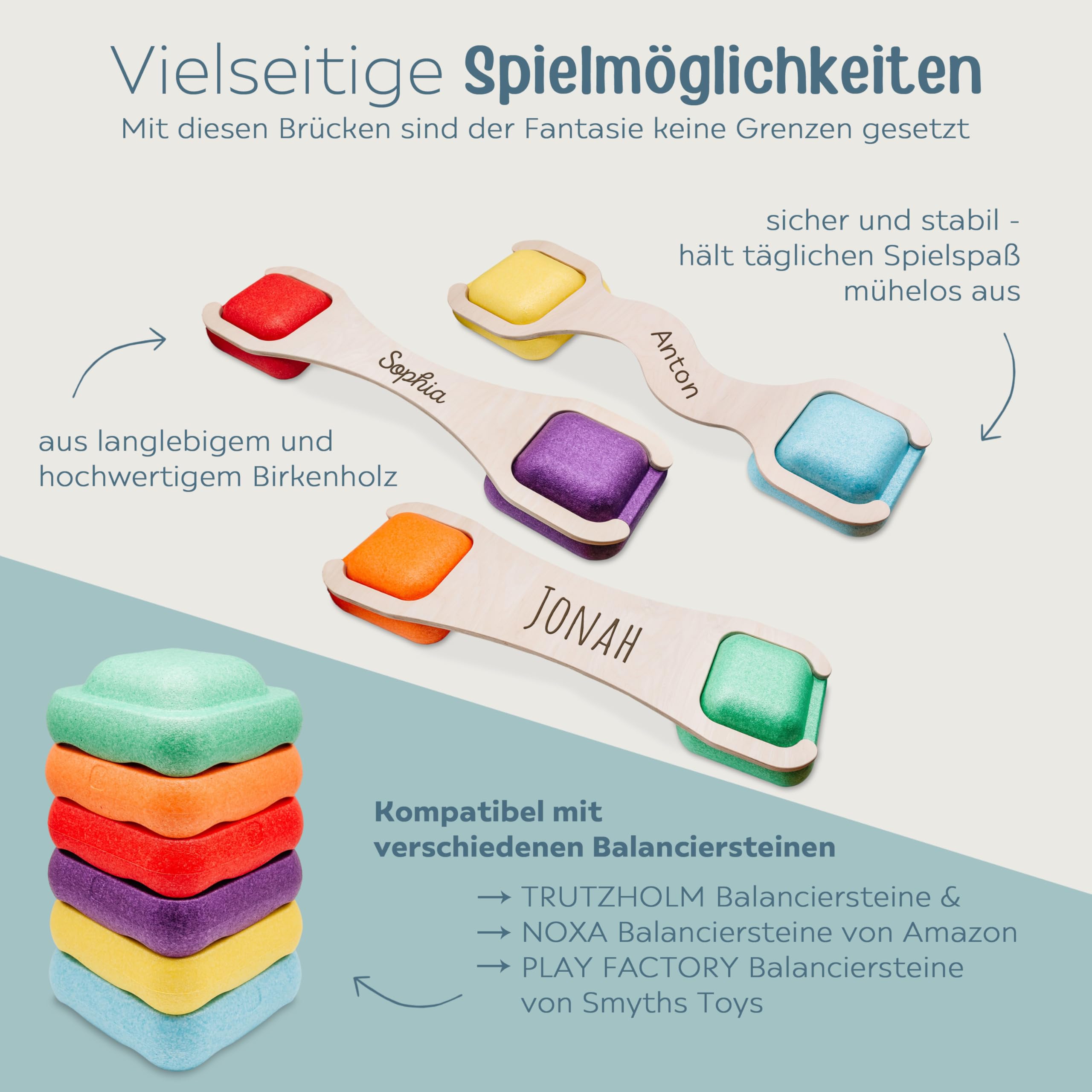 personalisierbare Abenteuerbrücke für Amazon & Smyths Balanciersteine, Brett, Balancierbrett, Geschicklichkeit Training für Kinder für Sport und Freizeit mit deinem Namen
