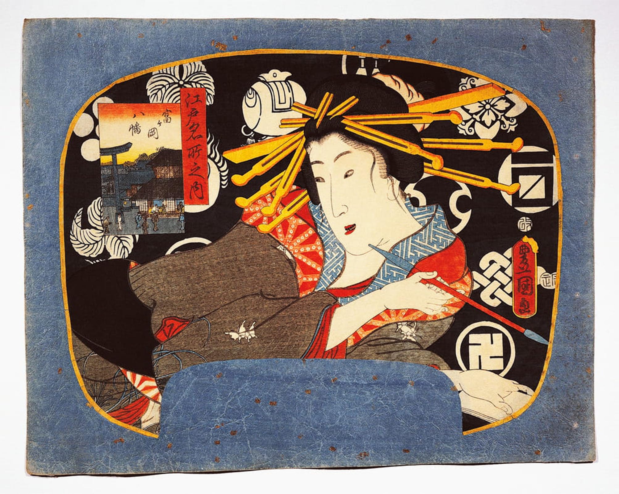 ARTXLXXBN Famous Painting Canvas Artwork Graffiti Print Courtesan with Long Pipe Hachiman Temple in Inset on Left by Utagawa Kunisada Portrait Canvas Image for Home Decor 60x90cm