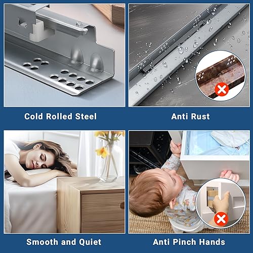 Miniatura 2 de 4 pares de rieles de cajón de 18 pulgadas de montaje inferior, cierre suave, extensión completa, resistente, capacidad de 85 libras, deslizadores