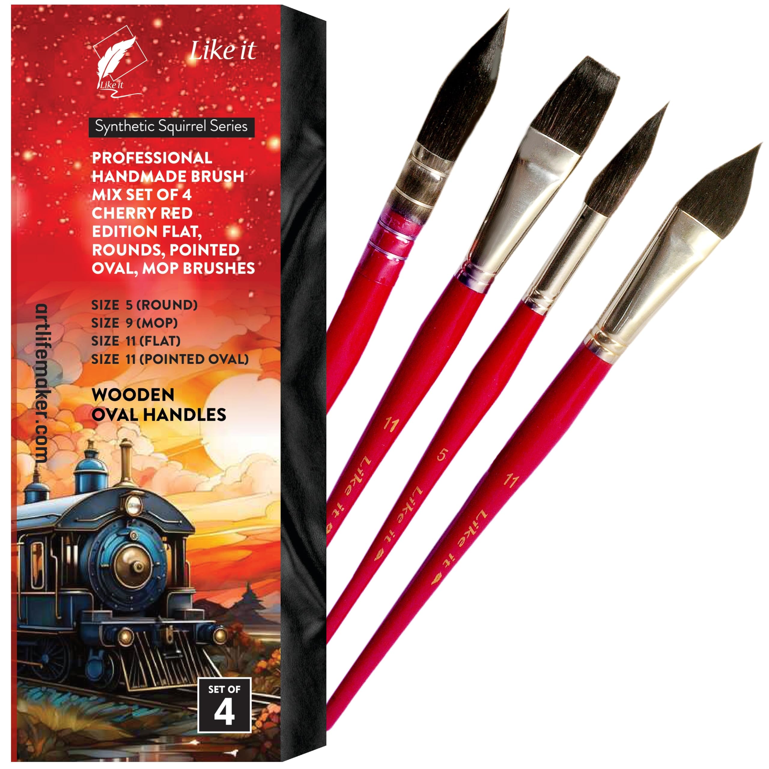 Like it Artist Professional Synthetic Squirrel Handmade Brush Mix Set of 4 Cherry Red Edition Flat, Rounds, Pointed Oval,Mop Brushes