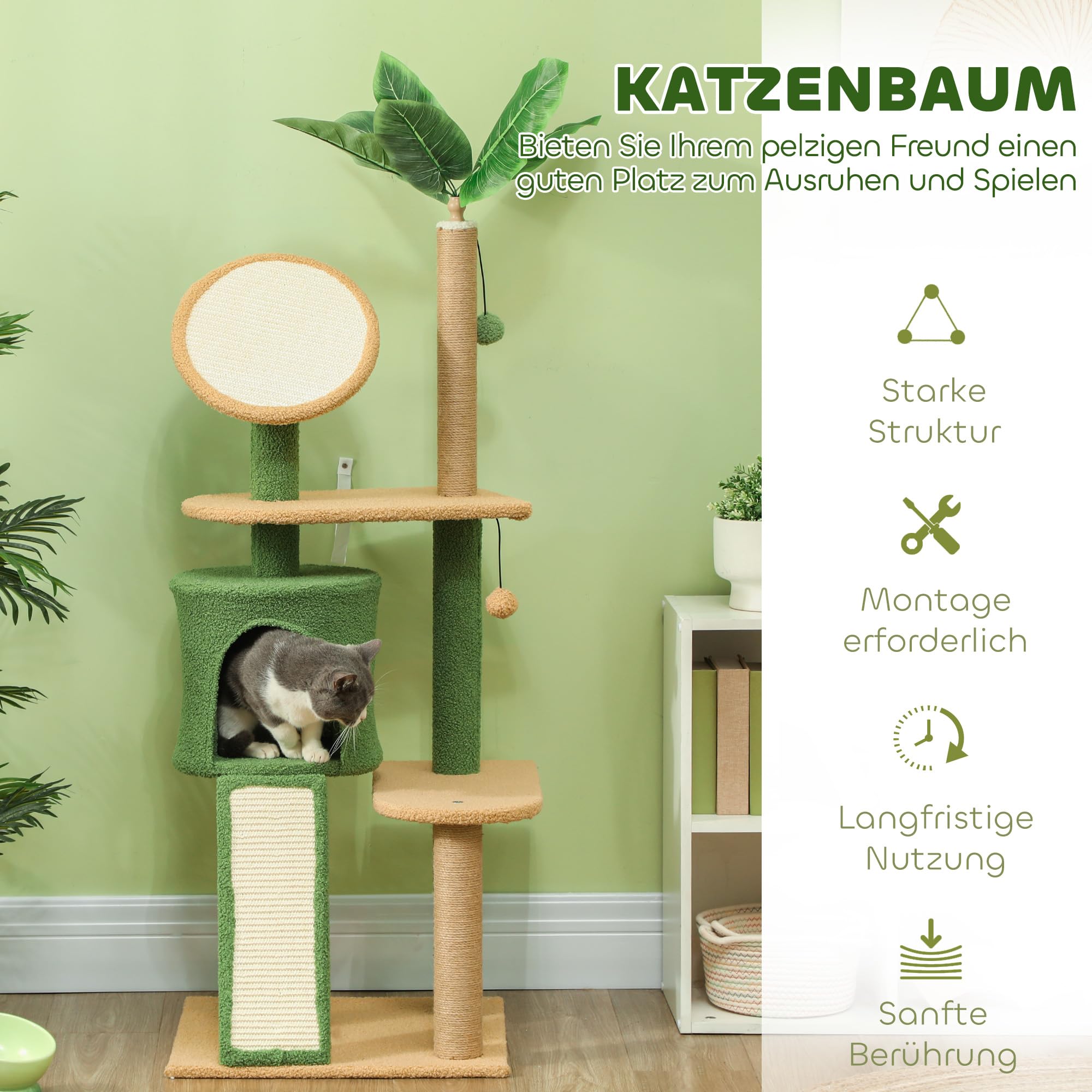 PawHut Drapak 139 cm z legowiskiem, piłką do zabawy i sizalowymi kolumnami, dla kota do 5 kg, zielony