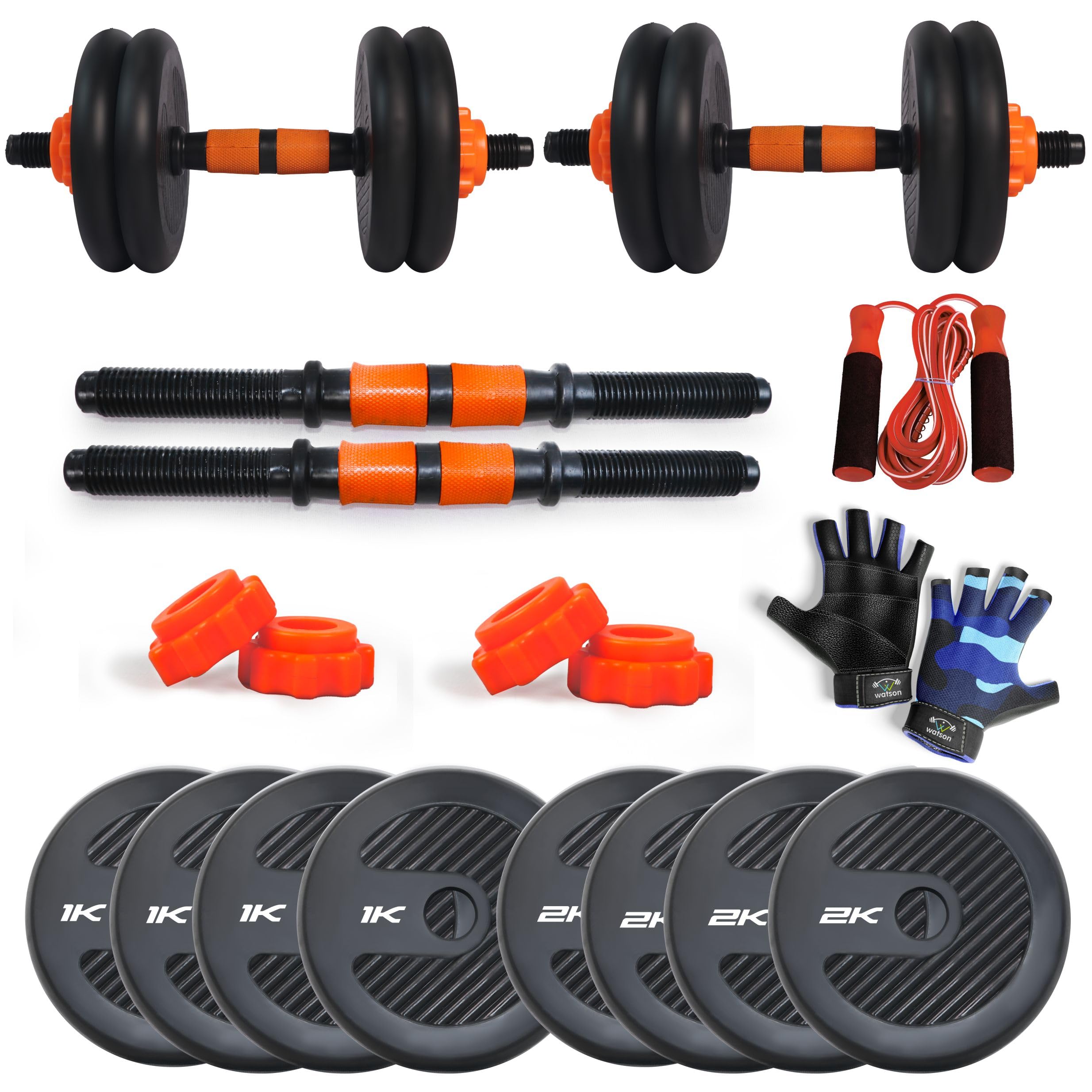 WATSON Premium Rubber Dumbbell Set For Men, Women Fitness, Dumbbell Set With 12Kg (1Kgx4, 2Kgx4) Rubber Weight Plates, Hard PVC 14" Dumbbell Rods, Skipping Rope, Gym Gloves