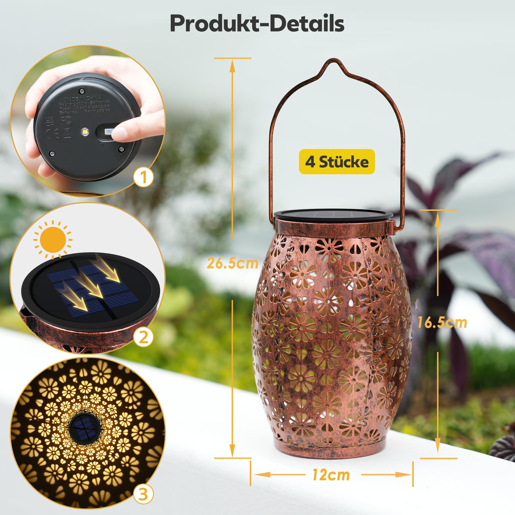 Bonsery Lanterna solare per esterni, 4 pezzi, in metallo, per esterni, da appendere, IP65, impermeabile, per esterni, decorazione da giardino, terrazza, balcone, esterno, ideale come regalo per le