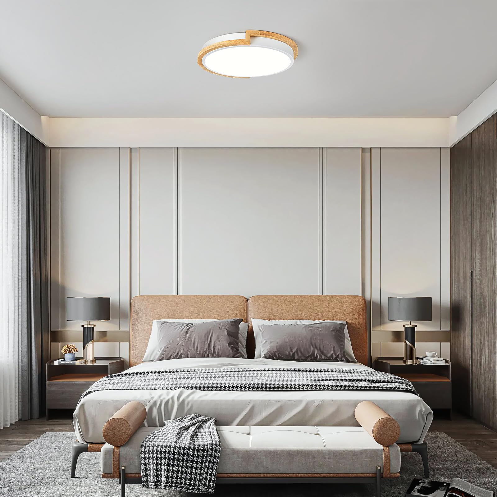 Plafoniera LED, Plafoniera Bianca 30cm, Lampada 24W con Legno per camera da letto, soggiorno, cucina, corridoio, sala da pranzo, 4000K