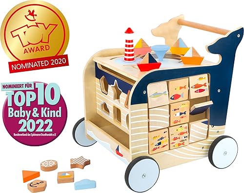 Small Foot - Andador de madera para bebés de ballena - Centro de actividades clásico 5 en 1 - Juguete interactivo con clasificador de formas,