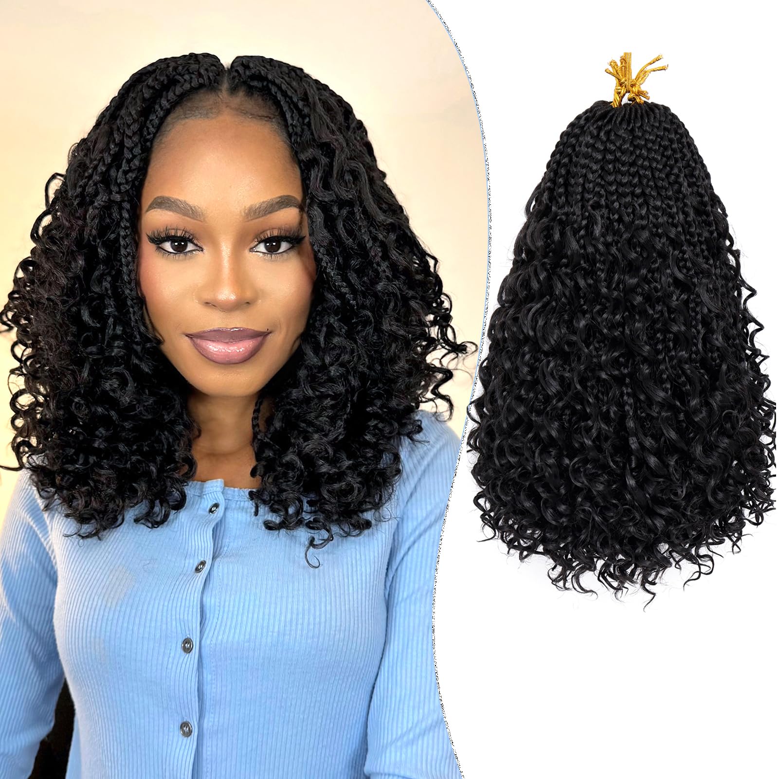 Goddess Box Braids Crochet Hair for Woman 12 Inch 7 Packs Short Pre-looped Crochet Box Braids Curly Ends Bohemian Hippie Braid Synthetic Braiding Hair Extension (1B)
