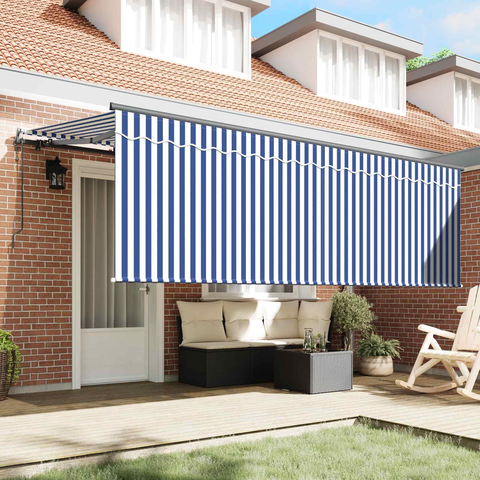 Auvent rétractable Bleu et Blanc 350 x 200 cm en Polyester et Aluminium, Store banne motorisé pour terrasse, Jardin, Balcon, Protection Pluie, ombrage, Brise Soleil et intimité extérieure