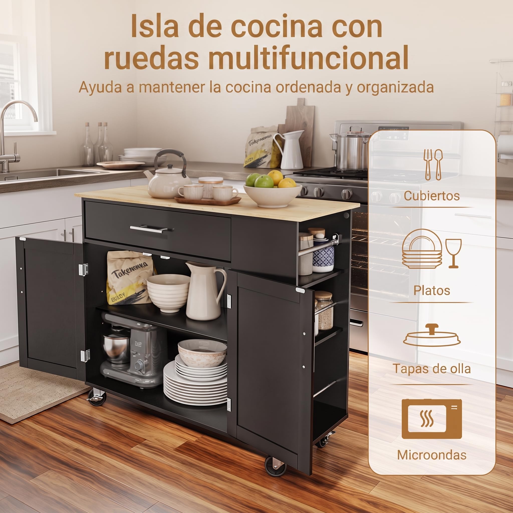 SoBuy Mueble Auxiliar de Cocina con Ruedas y 3 estantes 99x40x84,3 cm | Isla cocina con gran encimera de madera, 75 kg de carga, cajón y armario de 2 puertas, MDF/PB, para cocina, FKW133-SCH