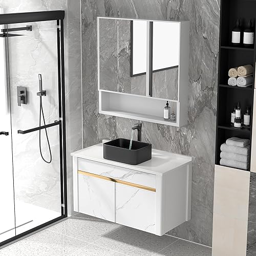 Miniatura 10 de Fulorni - Fregadero rectangular para baño, fregadero de baño blanco de 24 x 14 pulgadas con borde negro sobre mostrador rectangular para lavabo de