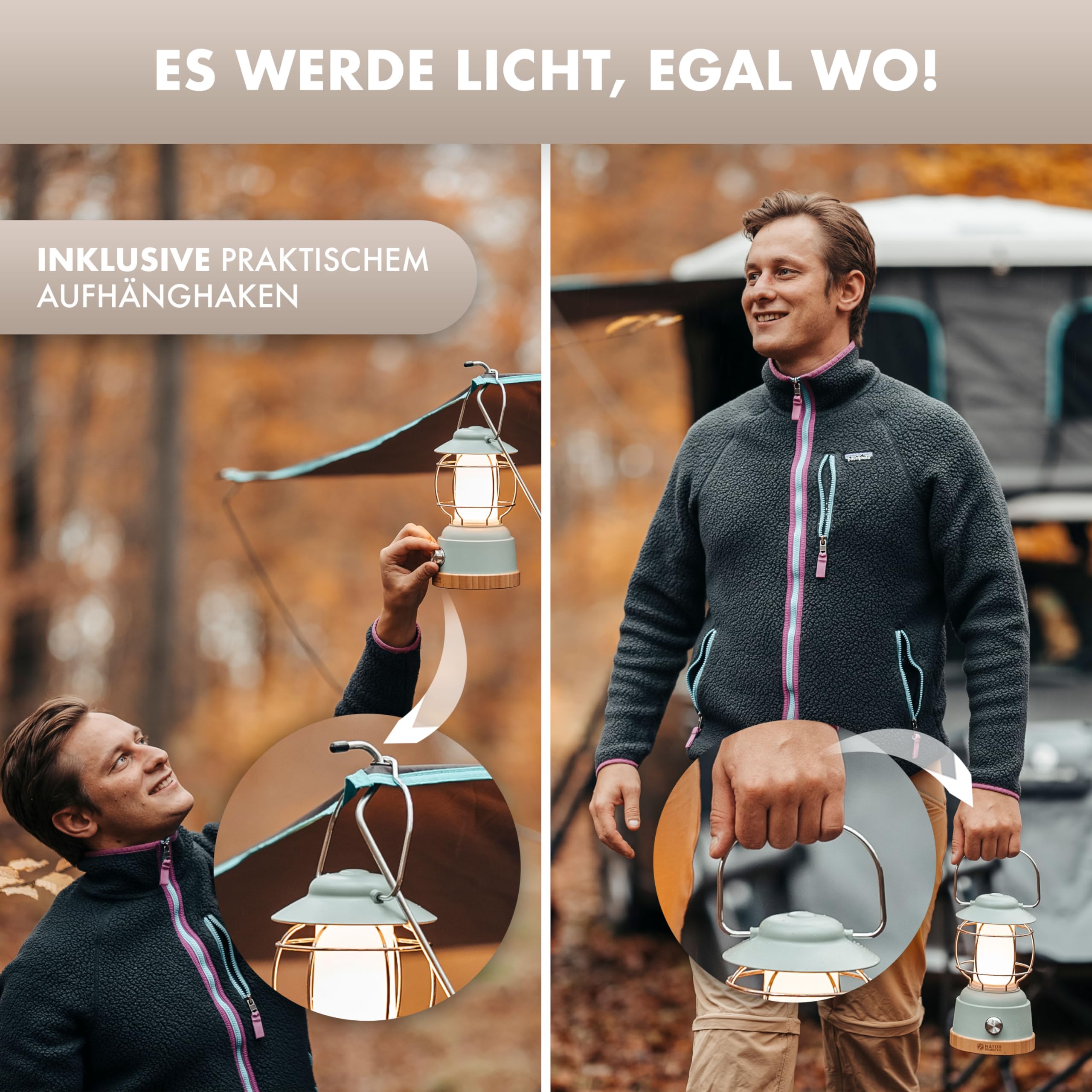NATURBUMMLER Campinglampe aufladbar mit Powerbank [LUX Secure+] IPX4 wasserdicht & dimmbar – 5200 mAh Akku mit 200h Leuchtkraft für gemütliche Abende – LED Zeltlampe Campinglicht Outdoor