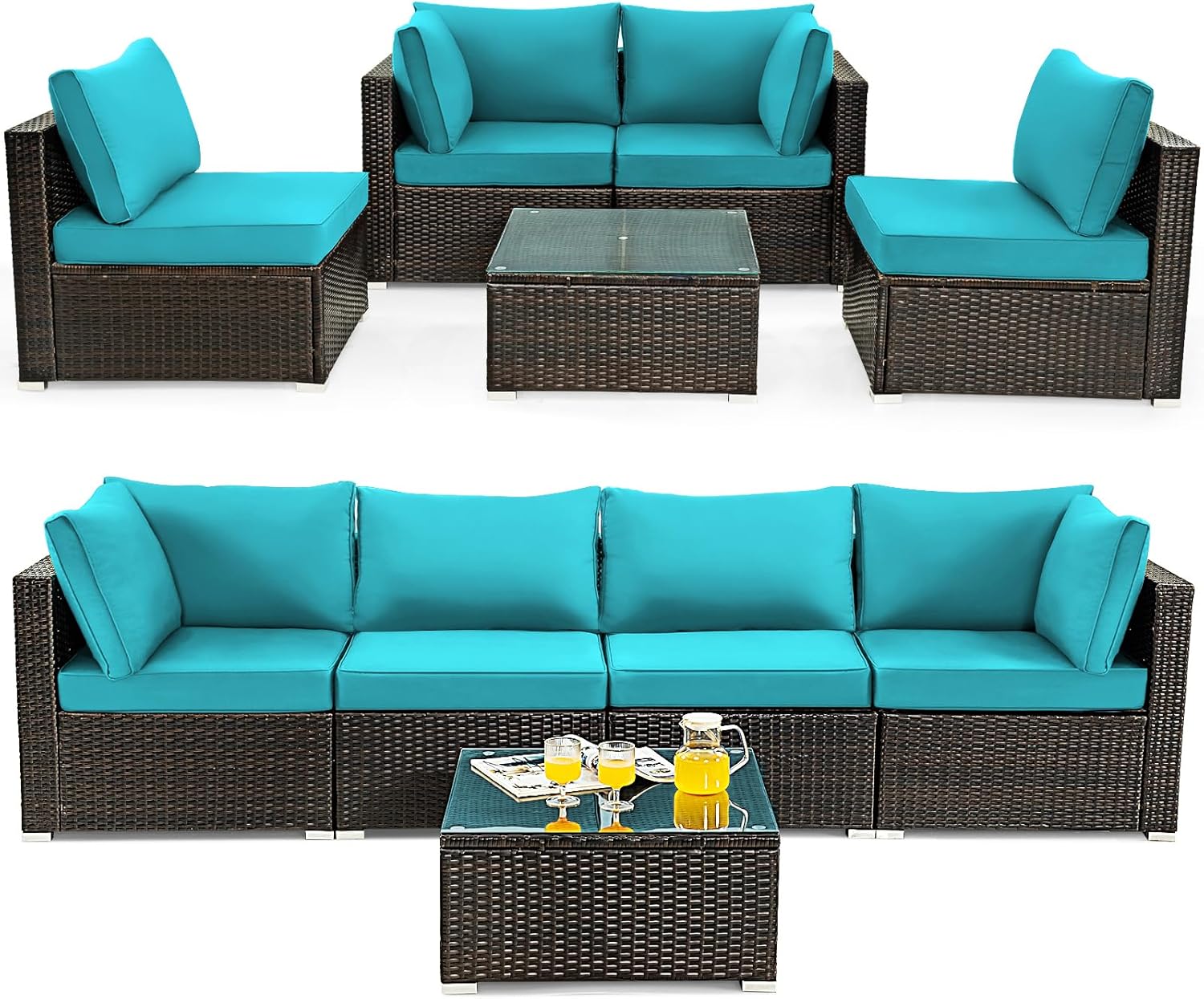DORTALA 5 Pieces Patio Furniture Set, Outdoor Rattan L-Shaped Corner Sofa Set with Cushions, Coffee Table, Patio Sectional Conversation Set for Backyard Porch Garden Poolside, Turquoise