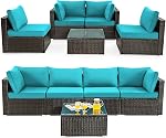 DORTALA Wicker Patio Furniture Set 5 Piece, Outdoor Sectional Couch Sofa Set with Table, Cushions, All Weather Rattan Conversation Set for Balcony, Porch, Backyard, Deck, Red