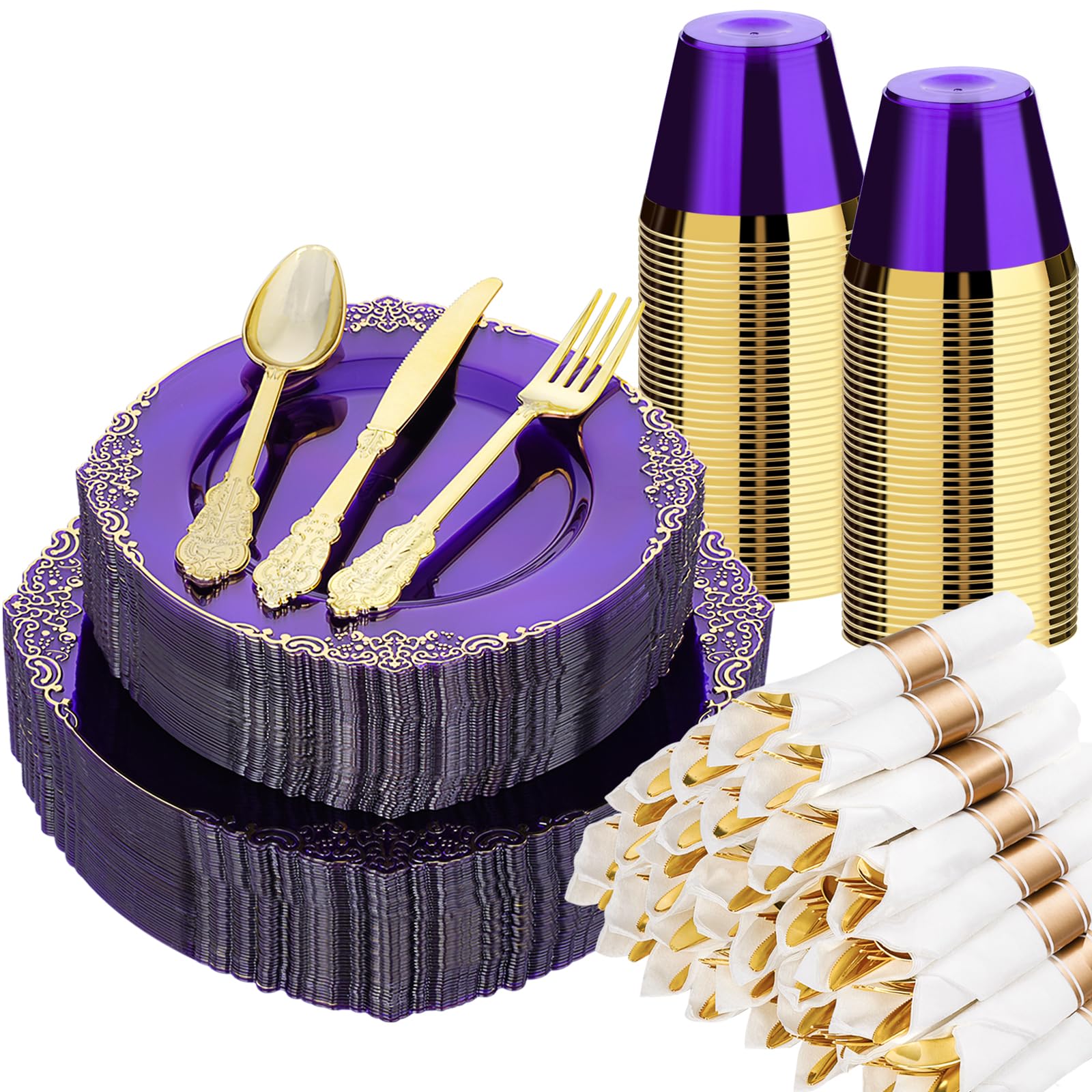 Bestluck 350 PCS Purple and Gold Plastic Plates, Disposable Dinnerware Set for 50 Guests, 100 Disposable Plates, 150 Silverwares, 50 Cups, 50 Napkins