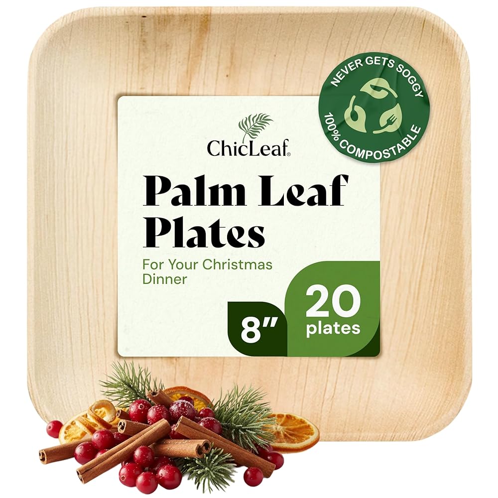 Chic Leaf Palm Leaf Plates 8 Inch - Disposable Bamboo Style Square Dinnerware for Christmas Turkey & Holiday Parties - Heavy Duty, Compostable Serving Dish for Appetizers & Dessert (20 Pack)