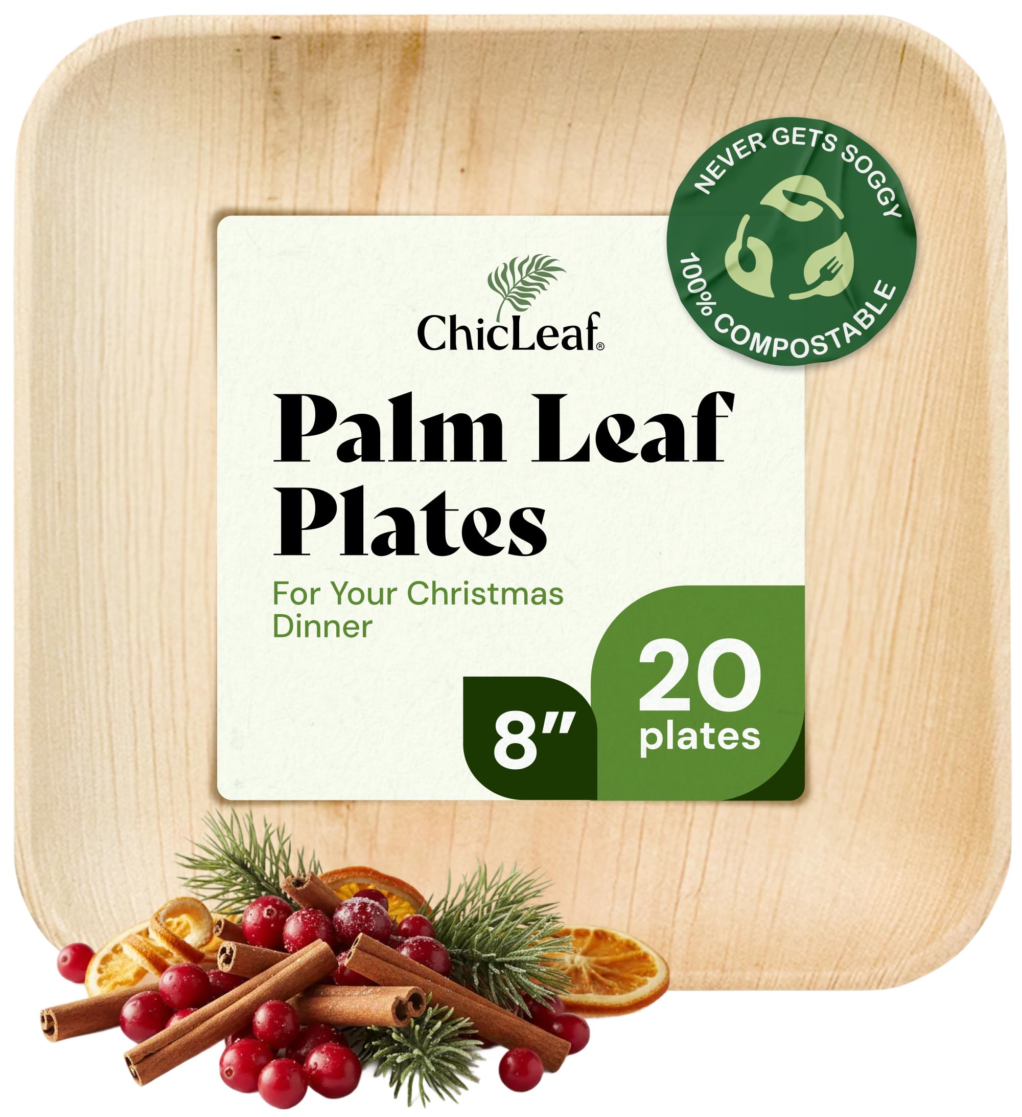 Chic Leaf Square Bamboo Palm Leaf Disposable Plates - 8" Pack of 100 - Biodegradable & Compostable Dinnerware - Disposable Party & Appetizer Plates - Eco-Friendly Dessert Trays