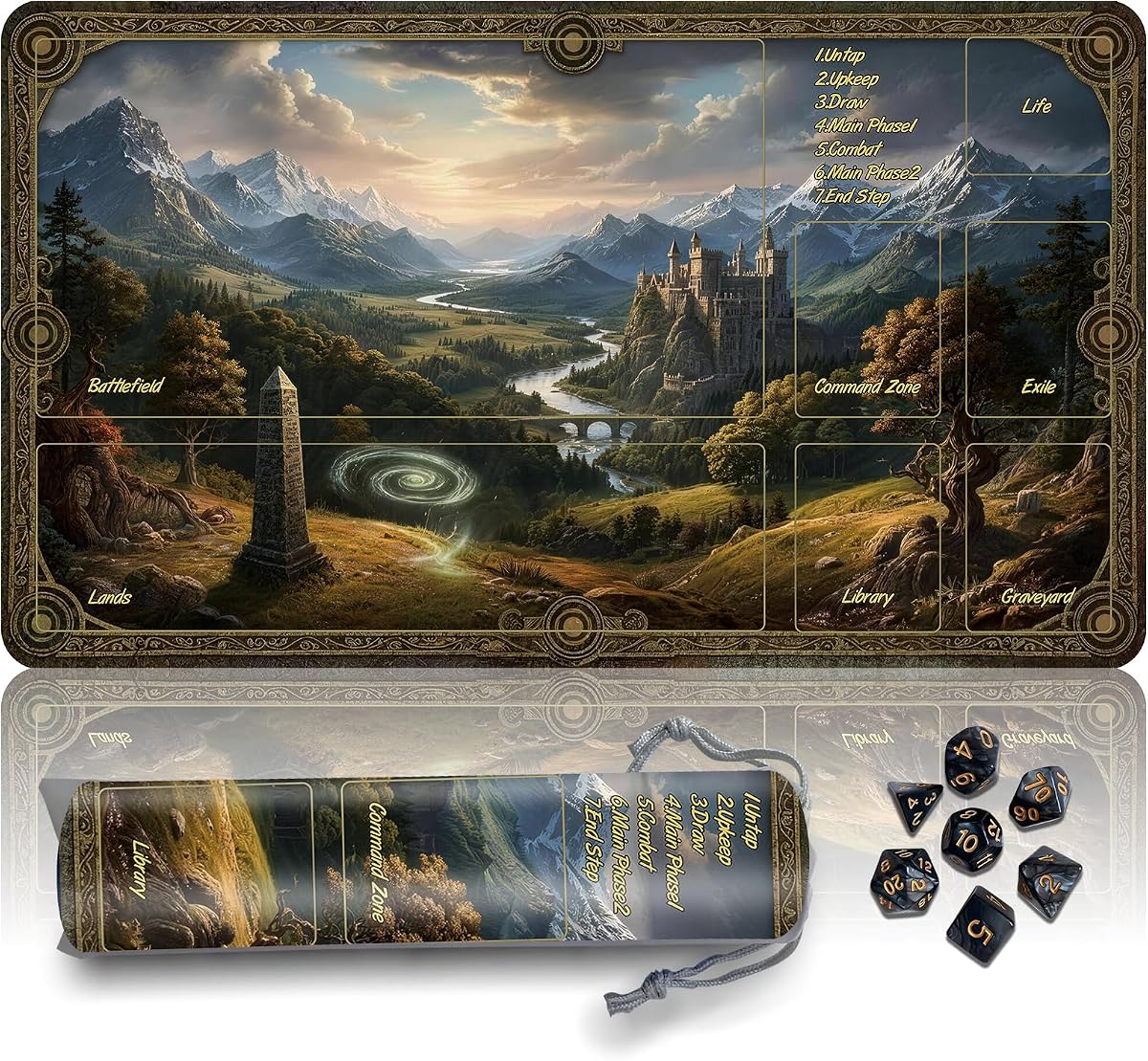 Tapete MTG Mat TCG DND con bolsa de almacenamiento y 7 dados | Superficie antideslizante impermeable | Diseño premium con bloqueo de bordes | Tapete de juego con zonas para Magic Playmat Gaming Mat (B-Sanctuary Valley)
