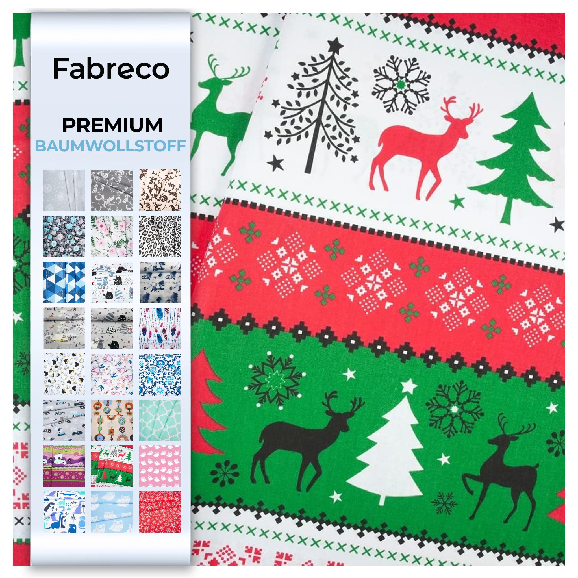 Fabreco - 100% Premium Baumwollstoff Meterware 50x160cm - rot-grünes Rentier | 220 g/lfm – Weich, langlebig & hautfreundlich | Stoffe Zum Nähen & Dekoration | Stoff Meterware - Fabric