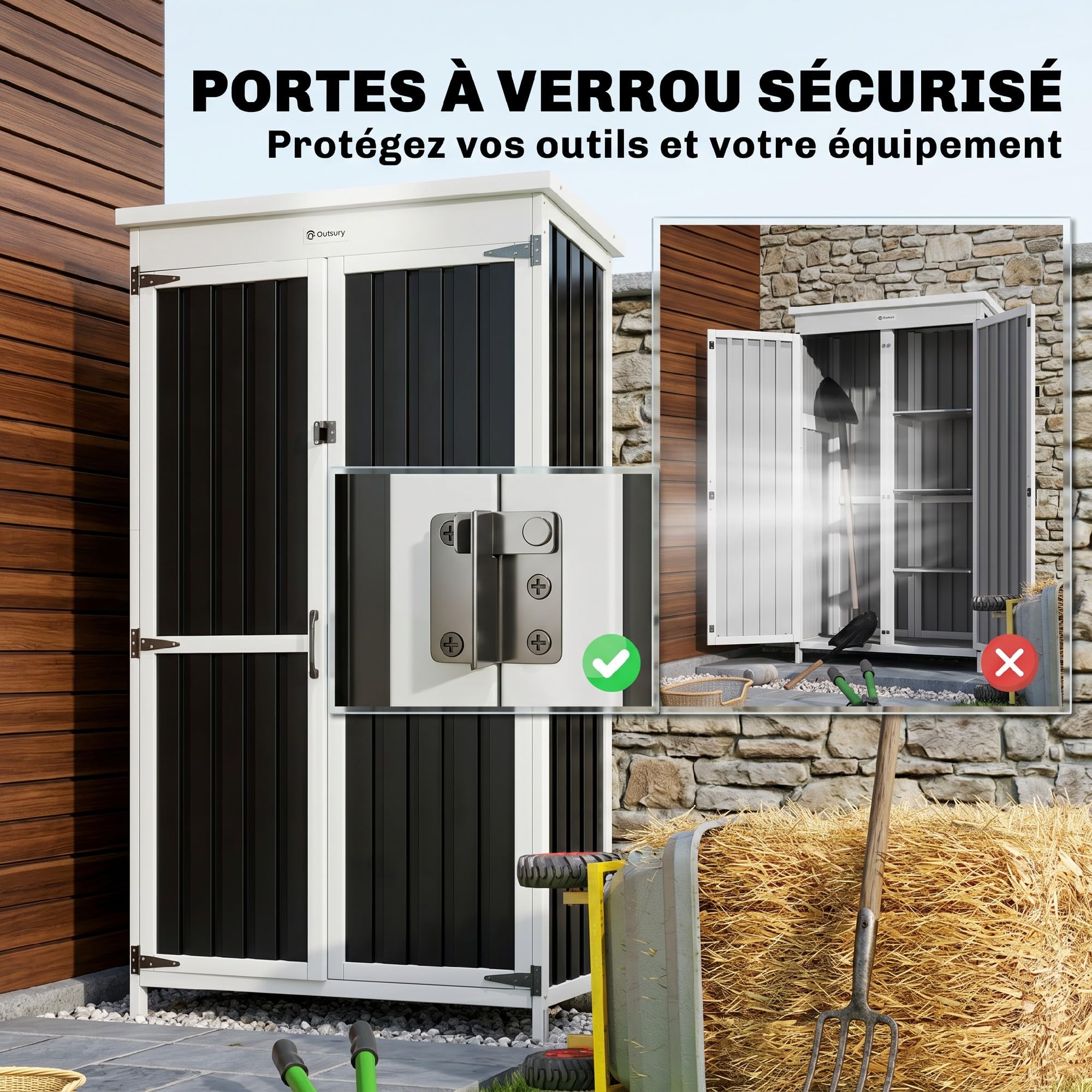Outsunny Armoire de Jardin en Bois Acier Galvanisé Portes Doubles Noir | Fermeture Métallique, 3 Étagères Amovibles, Toit en Asphalte Imperméable, Base Élevée