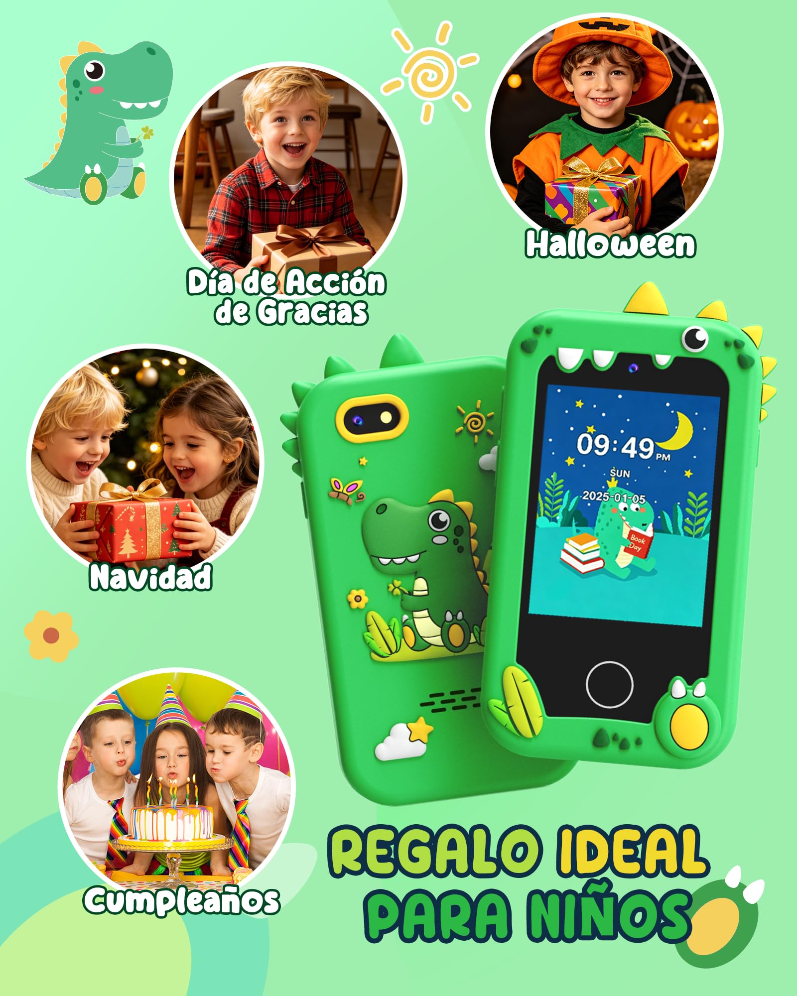 UCIDCI Teléfono inteligente de dinosaurio para niños de 3 a 8 años, teléfono de aprendizaje con pantalla táctil de 2.8 pulgadas con 25 aplicaciones de cámaras duales, tarjeta SD de 8 GB, reproductor