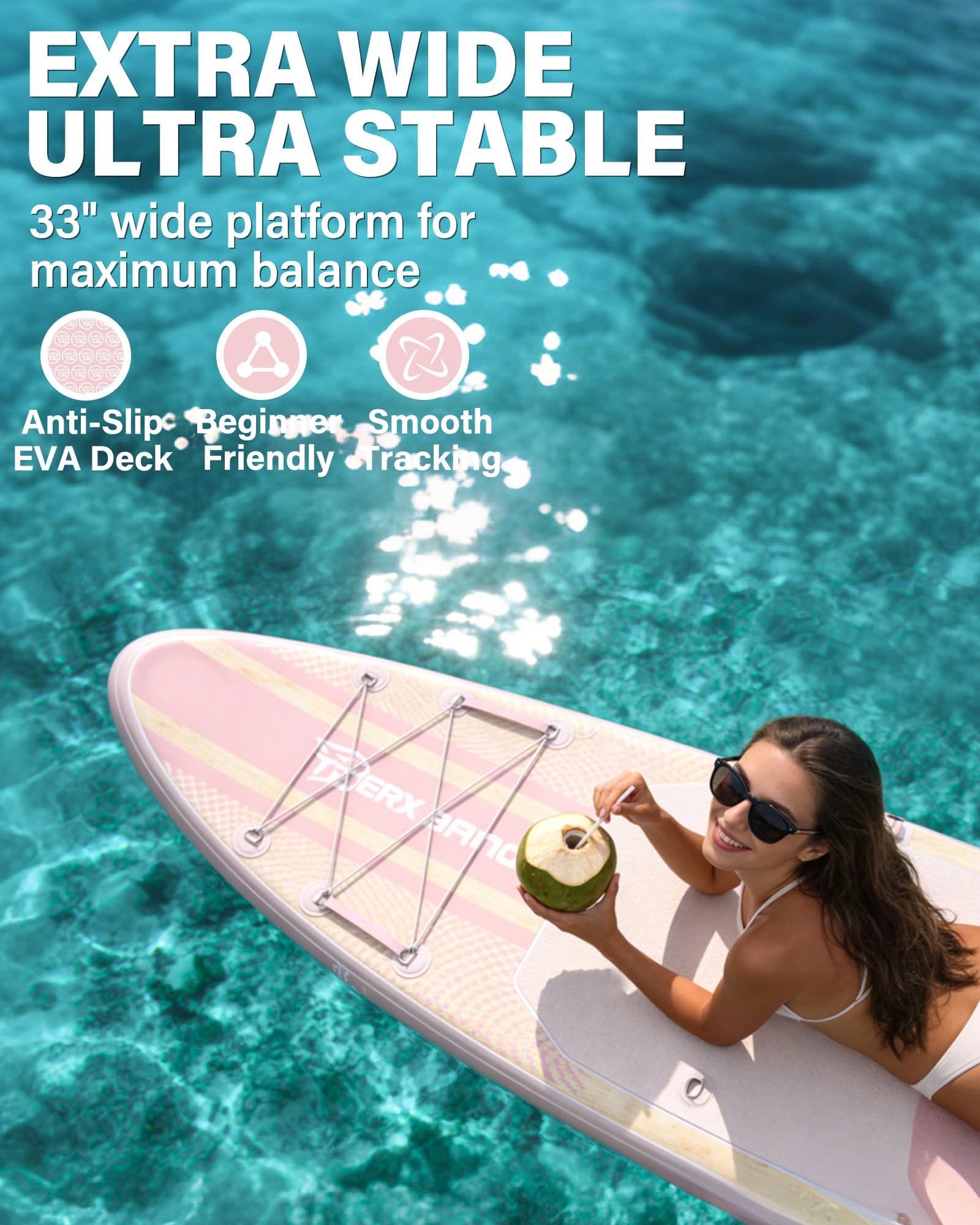 TIGERXBANG Tavola gonfiabile per stand up paddle con accessori per tavola da SUP, tavola antiscivolo in EVA, 27,9 cm/2,4 m, per adulti e ragazzi, tutti i livelli di abilità, rosa