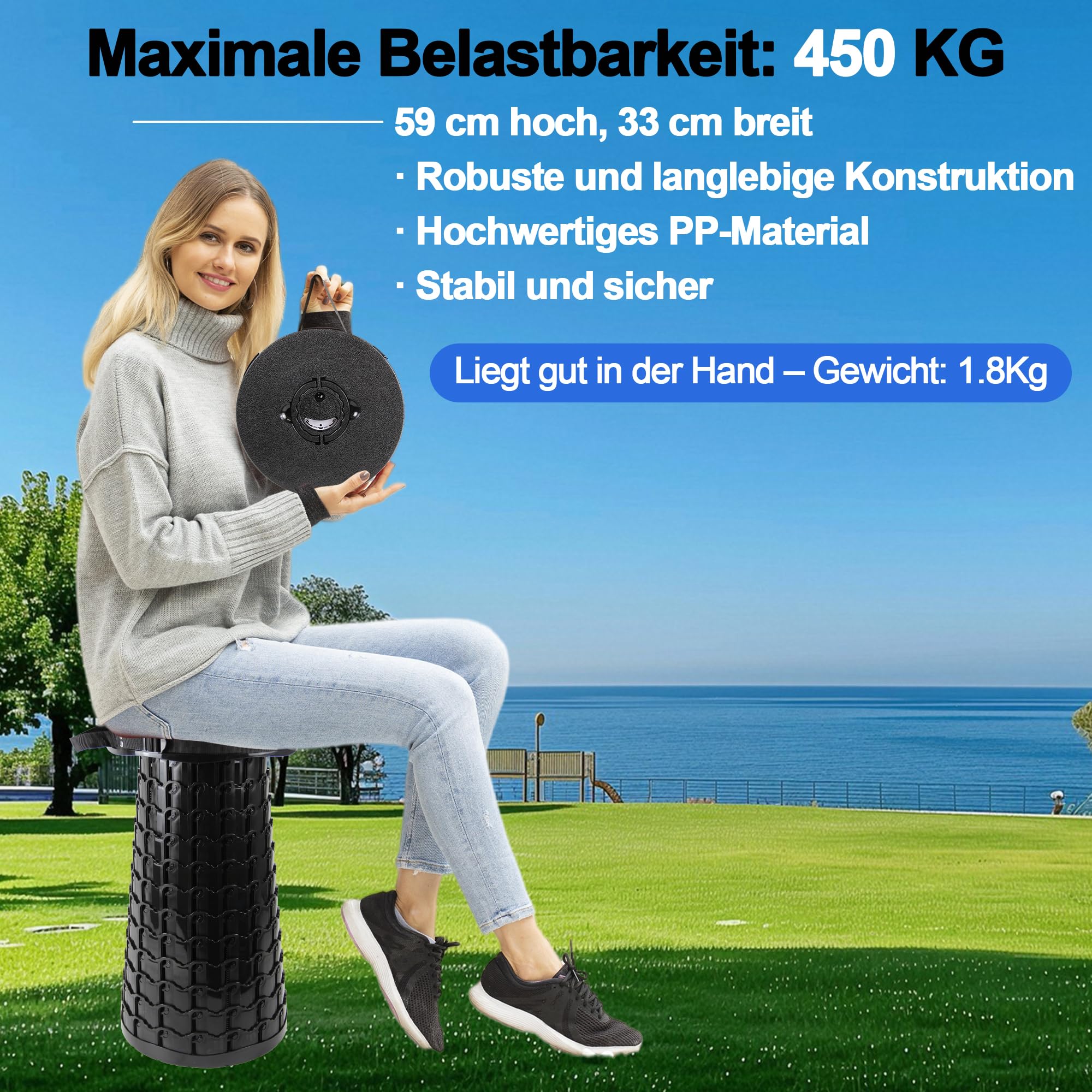 Tabouret télescopique robuste XXXL avec coussin d'assise épais et sac - Hauteur maximale : 59 cm - Charge maximale : 450 kg - Tabouret pliable portable pour camping