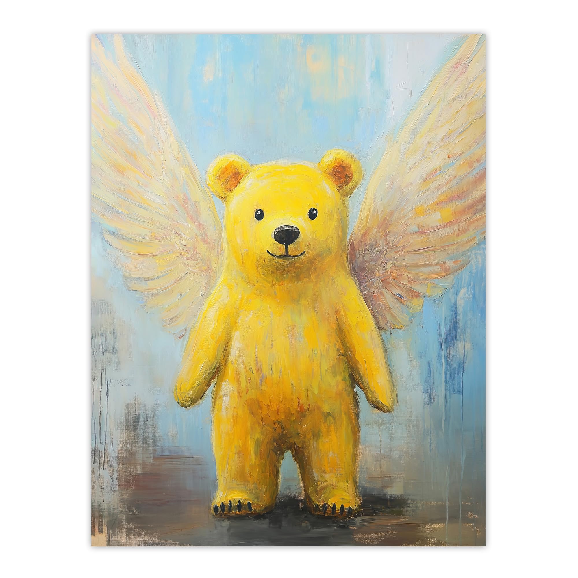 Artery8 Cute Yellow Teddy Bear With Wings Oil Painting Nursery Kids Bedroom Large Wall Art Poster Print Thick Paper 18X24 Inch