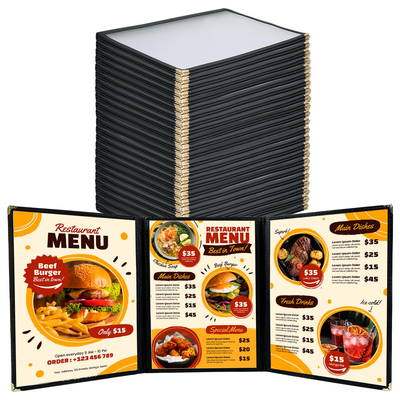 FLKQC 25 Pack Menu Covers 8.5 x 11", 3 Page 6 View Restaurant Recipe Menu Covers Transparent Double Stitched Menu Covers for Kitchen, Drink, Wine Menu
