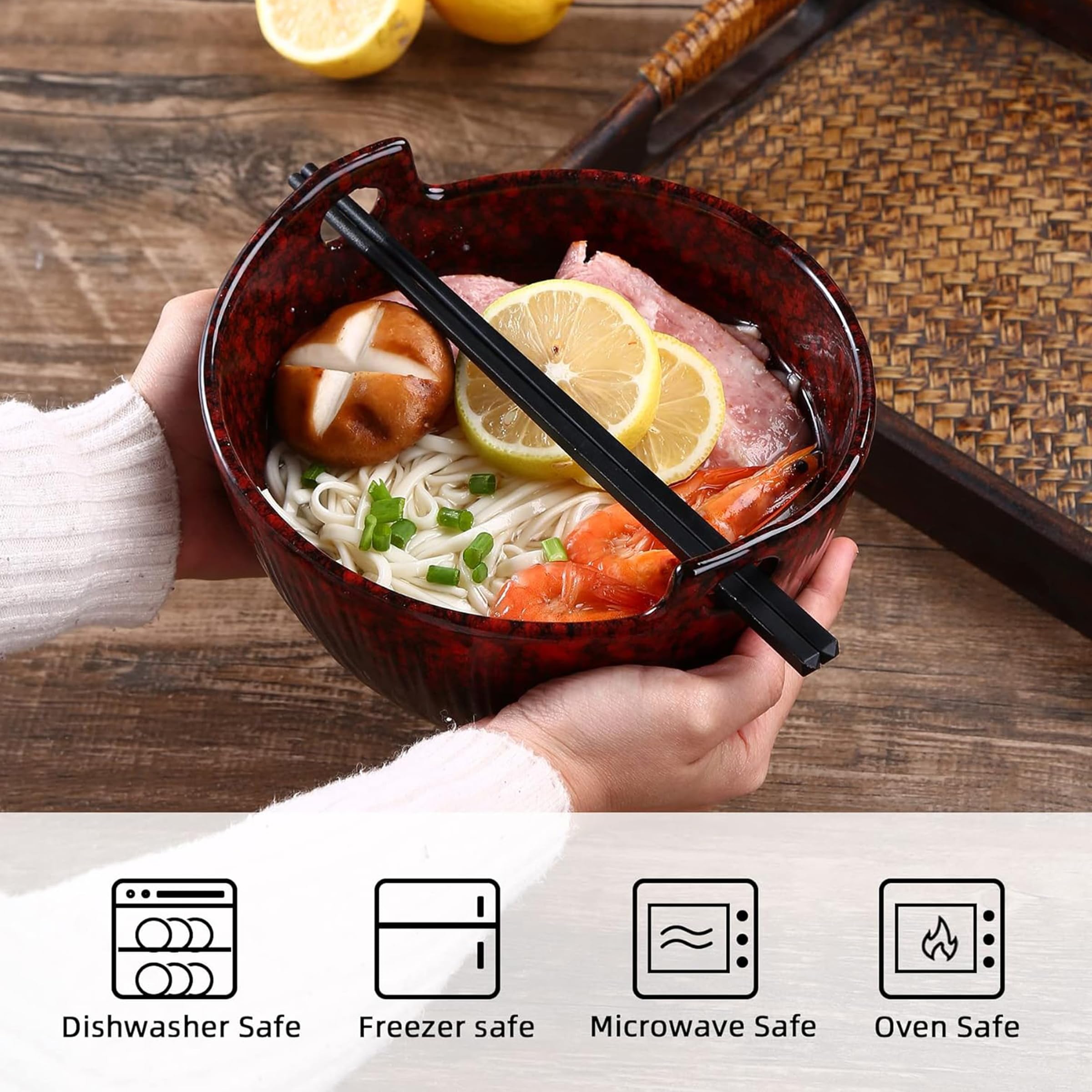 POECER Lot de 2 bols à soupe japonais en céramique avec baguettes et cuillères, passent au micro-ondes et au lave-vaisselle pour pâtes Pho Udon Soba, nouilles, salade, pâtes, cramoisi émaillés