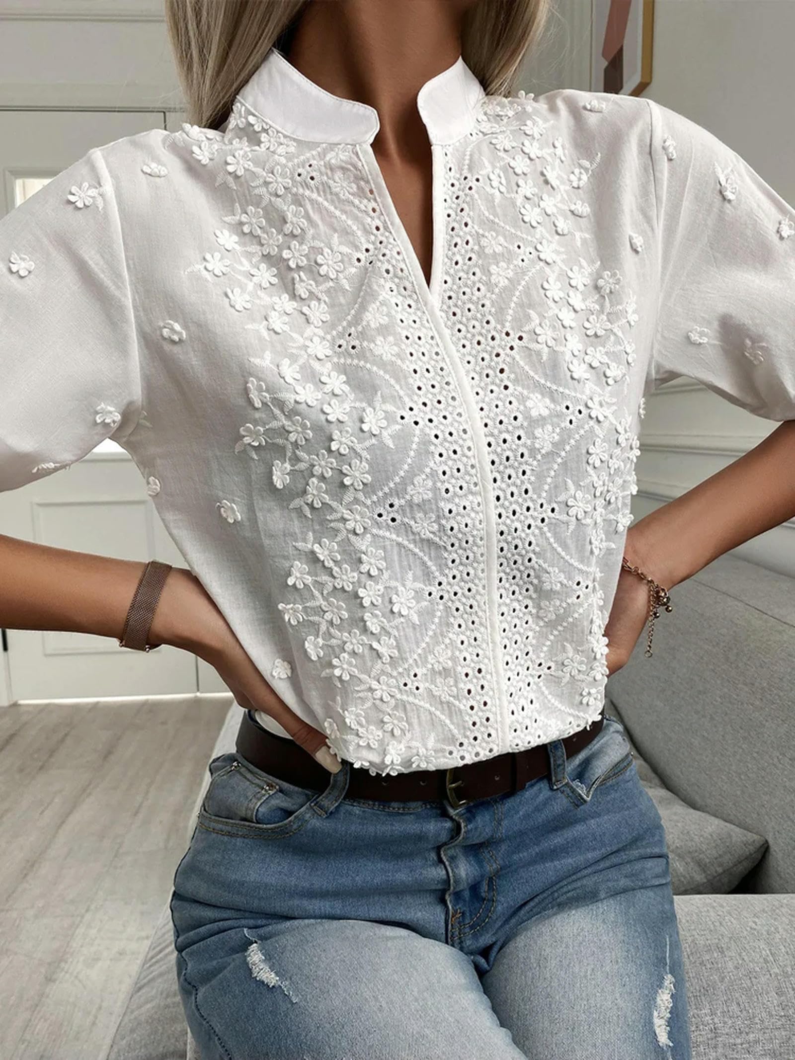 Blusa de Encaje con Bordado Floral de Verano para Mujer, Camisa Informal con Cuello de Pico, Pantalones Cortos Elegantes, Tops calados de Manga Elegante