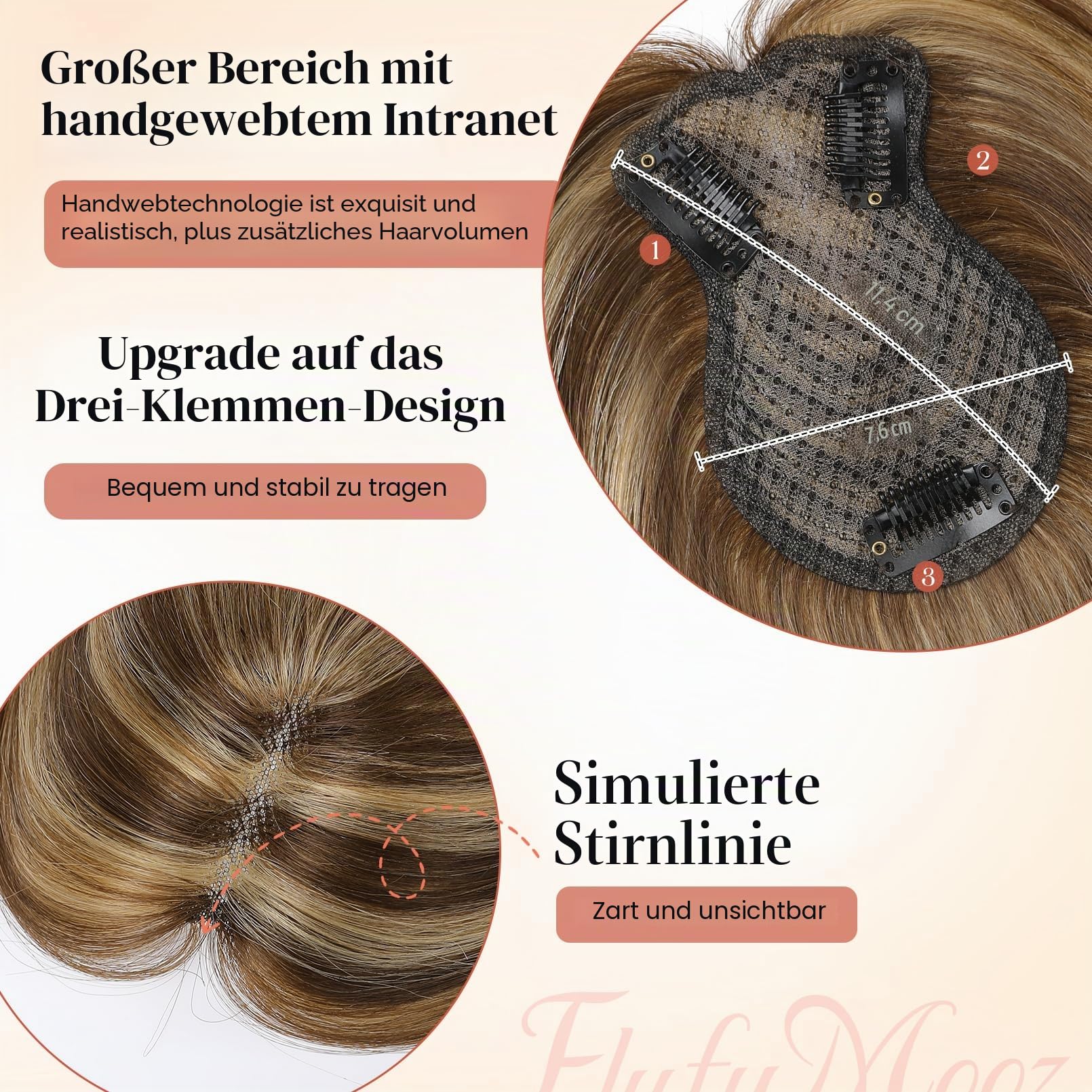 Flufymooz Echthaar-Topper für Frauen, 26 cm Real Human Hair Toppers for Women 100% Echthaar-Topper für dünner werdendes Haarteil 360° 3D Clip-in Pony-Haarteil-Mittelbraun mit blonden Strähnen