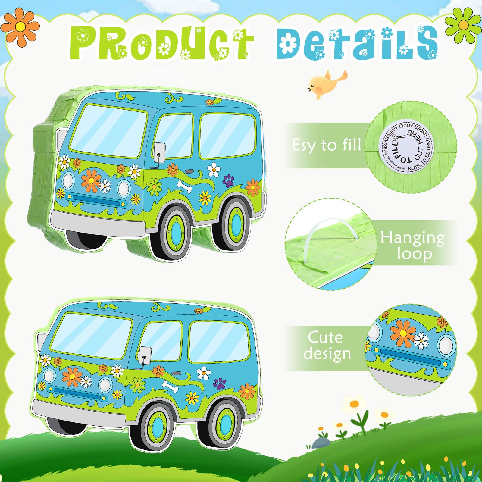 Threan Decoración de fiesta temática de perro, piñata de coche de dibujos animados, hippie, Groovy Daisy Piñata, juego con palo con los ojos vendados, para niños y niños, decoración de fiesta de