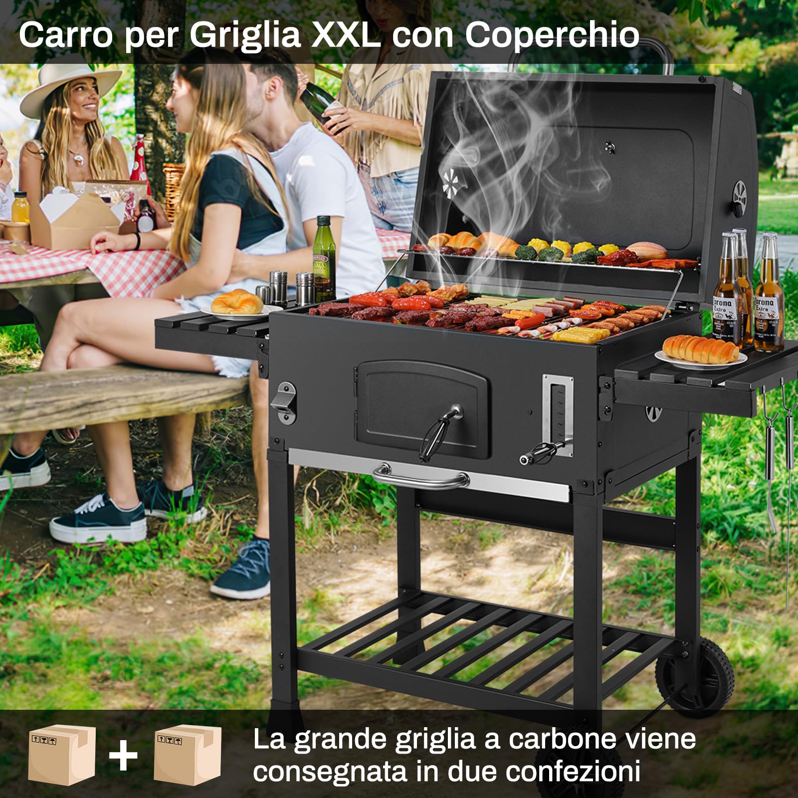 LIFERUN Barbecue a Carbonella XXL, Griglia per Barbecue con Camino e Coperchio, con Termometro e 2PCS Ruotes, Altezza Regolabile, Grande BBQ Smoker per Giardino, Campeggio