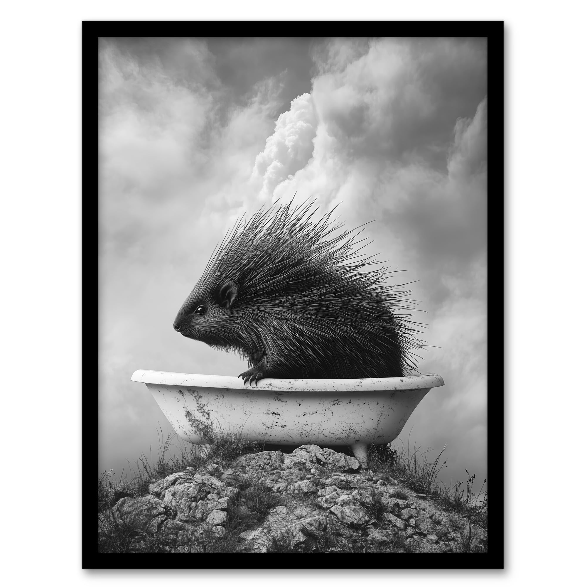 Artery8 Cute Porcupine in Bathtub Black White Surreal Bathroom Toilet Artwork Framed Wall Art Print A4