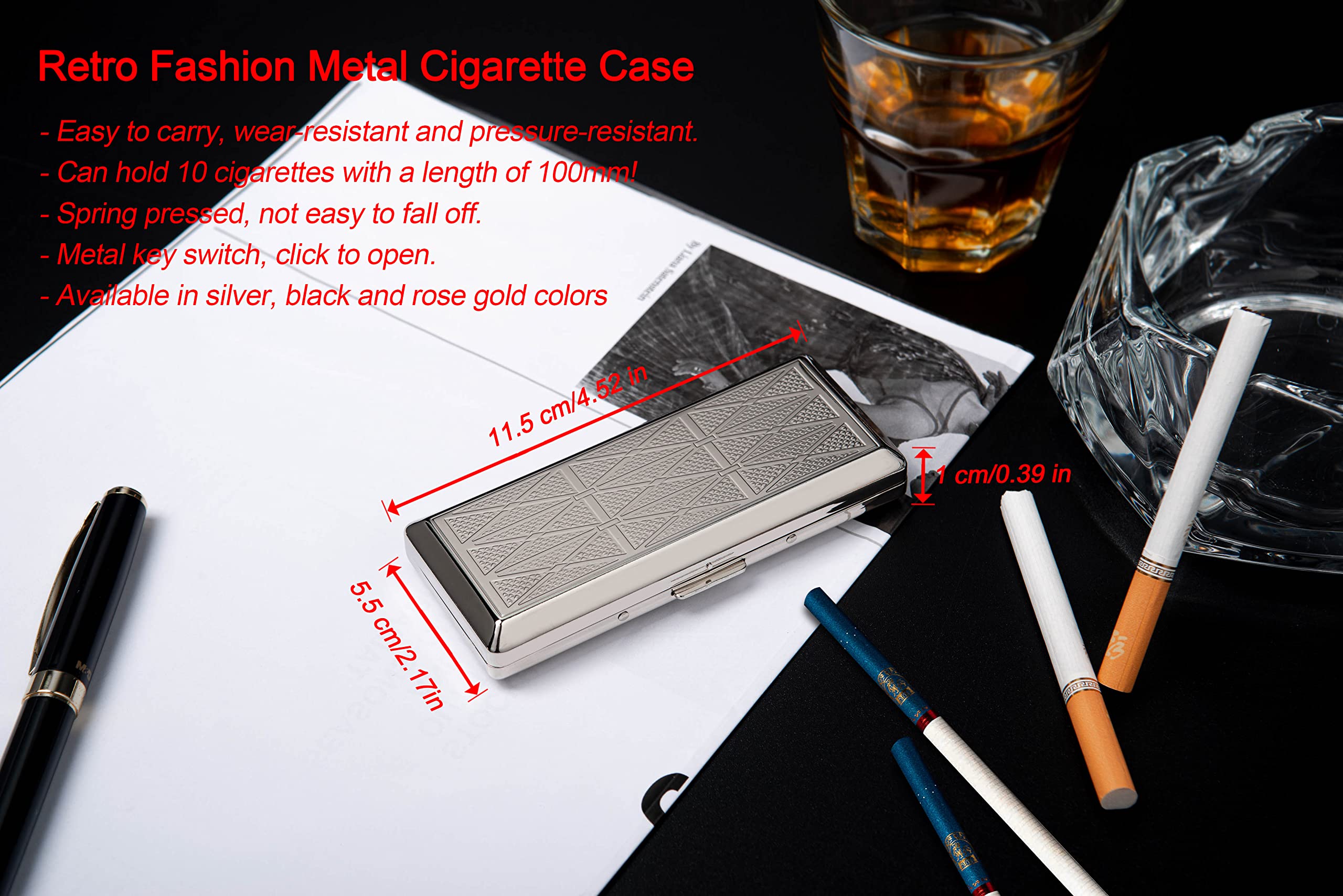 Beautiful Stylish Simple Unilateral Metal Ladies and Men's Cigarette Case,Holds 10 120's Capri Cigarettes (Arabesque Rose Gold): 10pcs 100mm Grass Silver