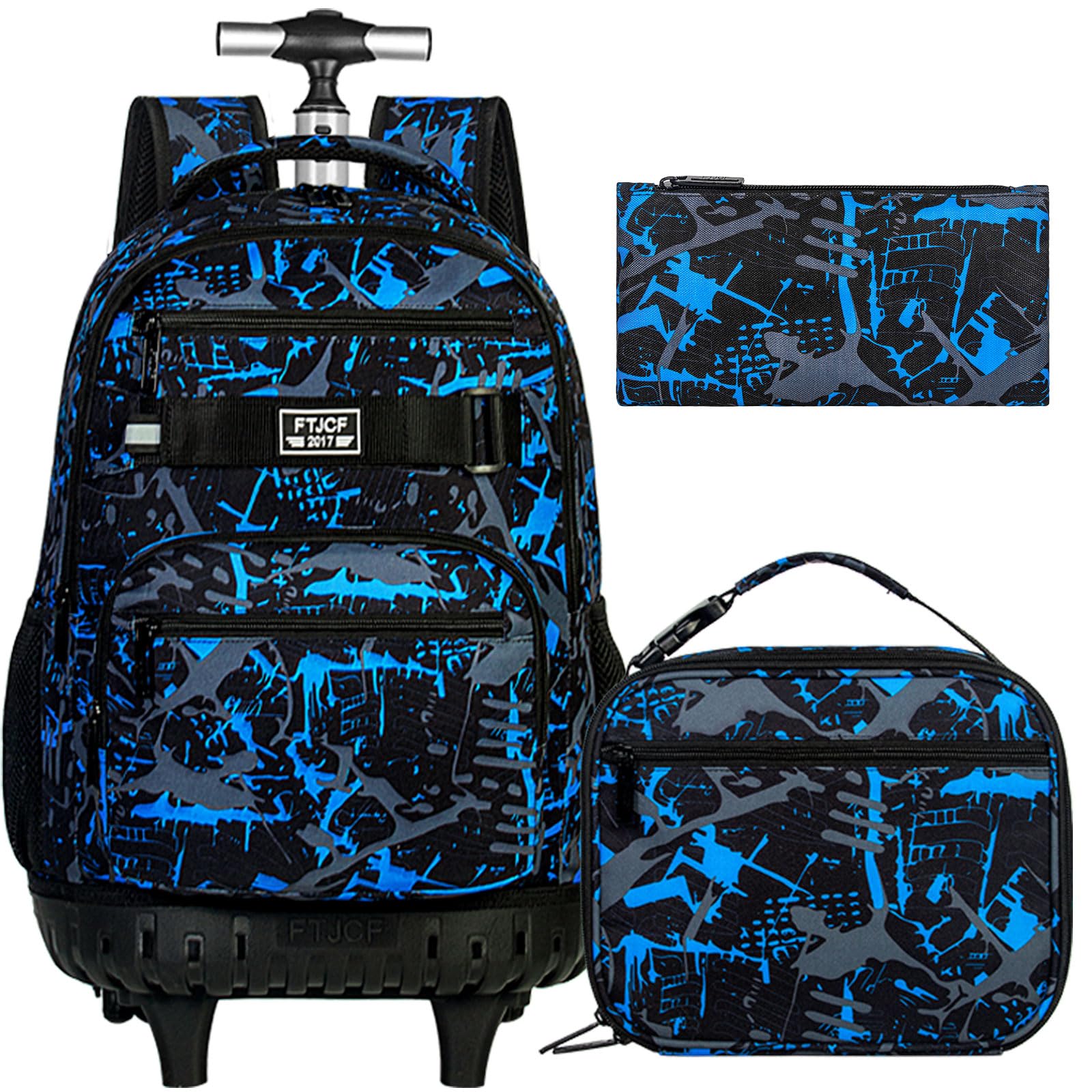 ZLYERT 3Pcs Rolling Backpack for Boys Men, Travel Roller Backpacks with Wheels for Adults, Teens College Graffiti Wheeled Bookbag with Lunch Box(Blue)