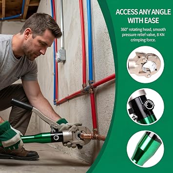 Pipe Press Tool Kit, Pipe Crimping Tool with 5 V-Profile Jaws (12-28mm) & 4 TH-Profile Jaws (16-32mm), Includes Pipe Cutter and Deburrer for Copper and Multilayer Pipe